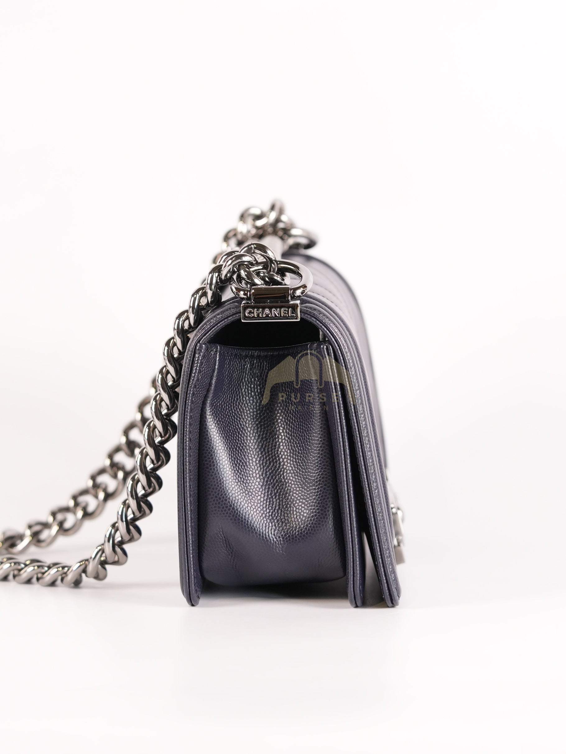 Boy Small Navy Blue in Chevron Caviar Leather and Silver Hardware Series 25 | Purse Maison Luxury Bags Shop