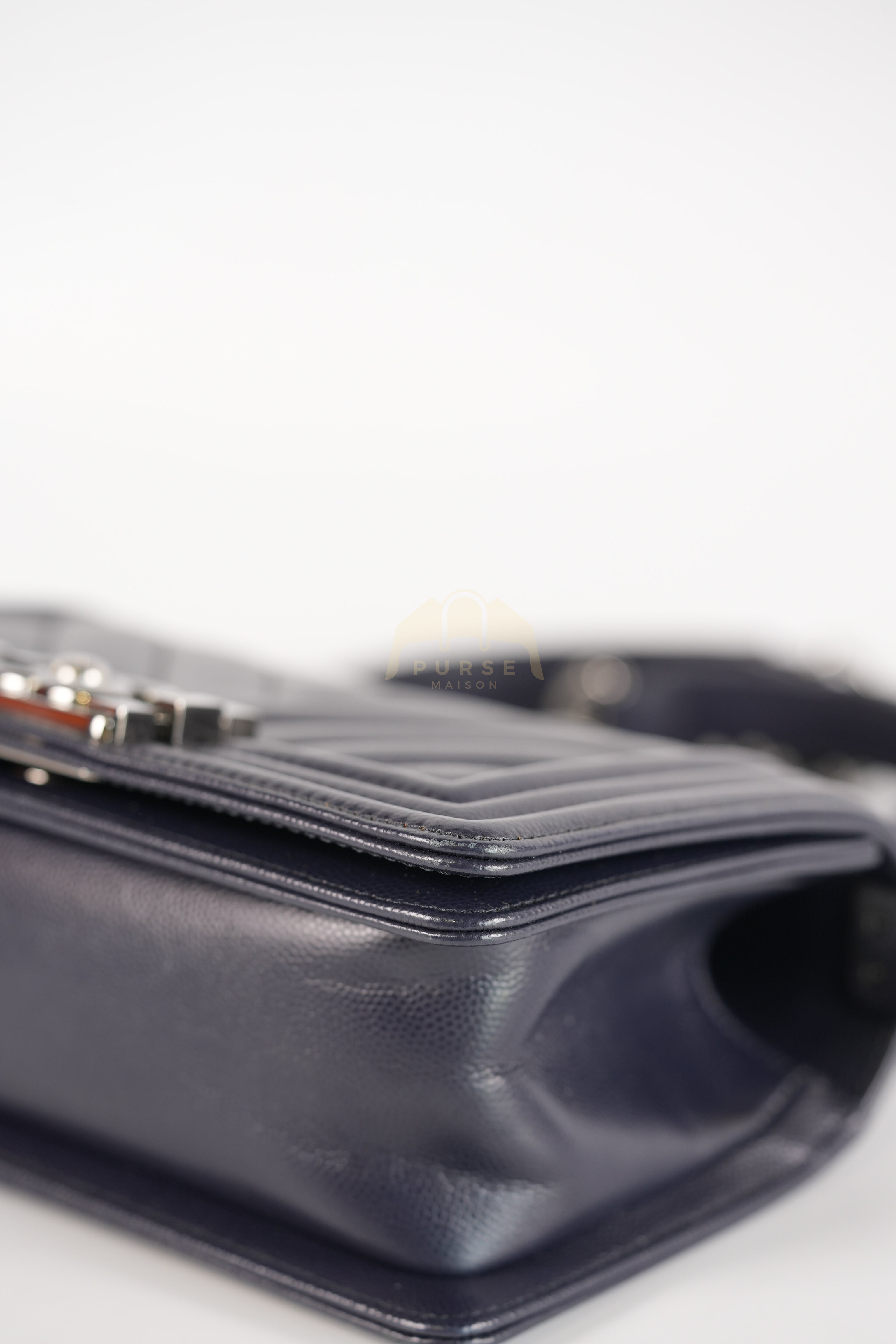 Boy Small Navy Blue in Chevron Caviar Leather and Silver Hardware Series 25 | Purse Maison Luxury Bags Shop