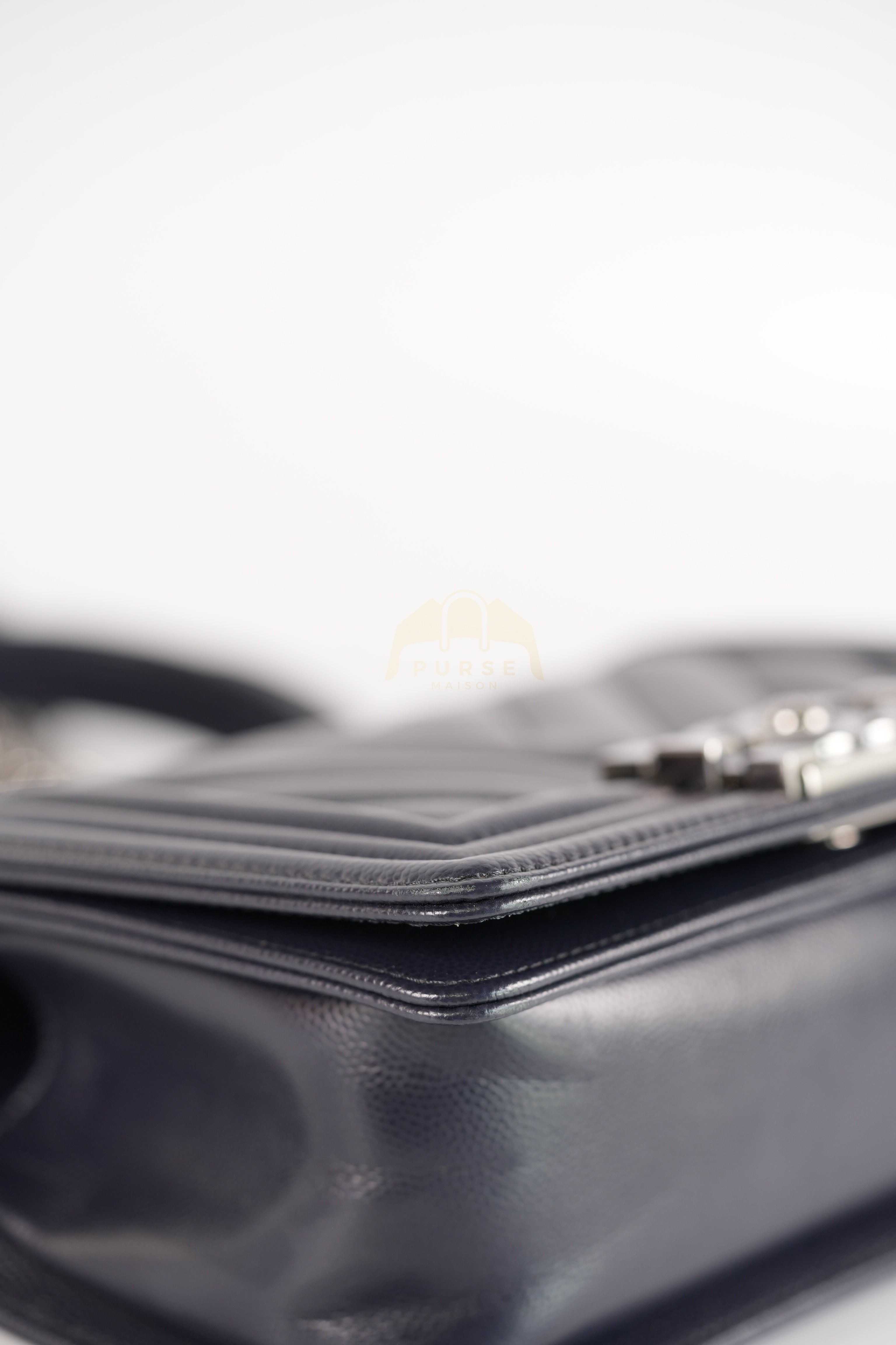 Boy Small Navy Blue in Chevron Caviar Leather and Silver Hardware Series 25 | Purse Maison Luxury Bags Shop