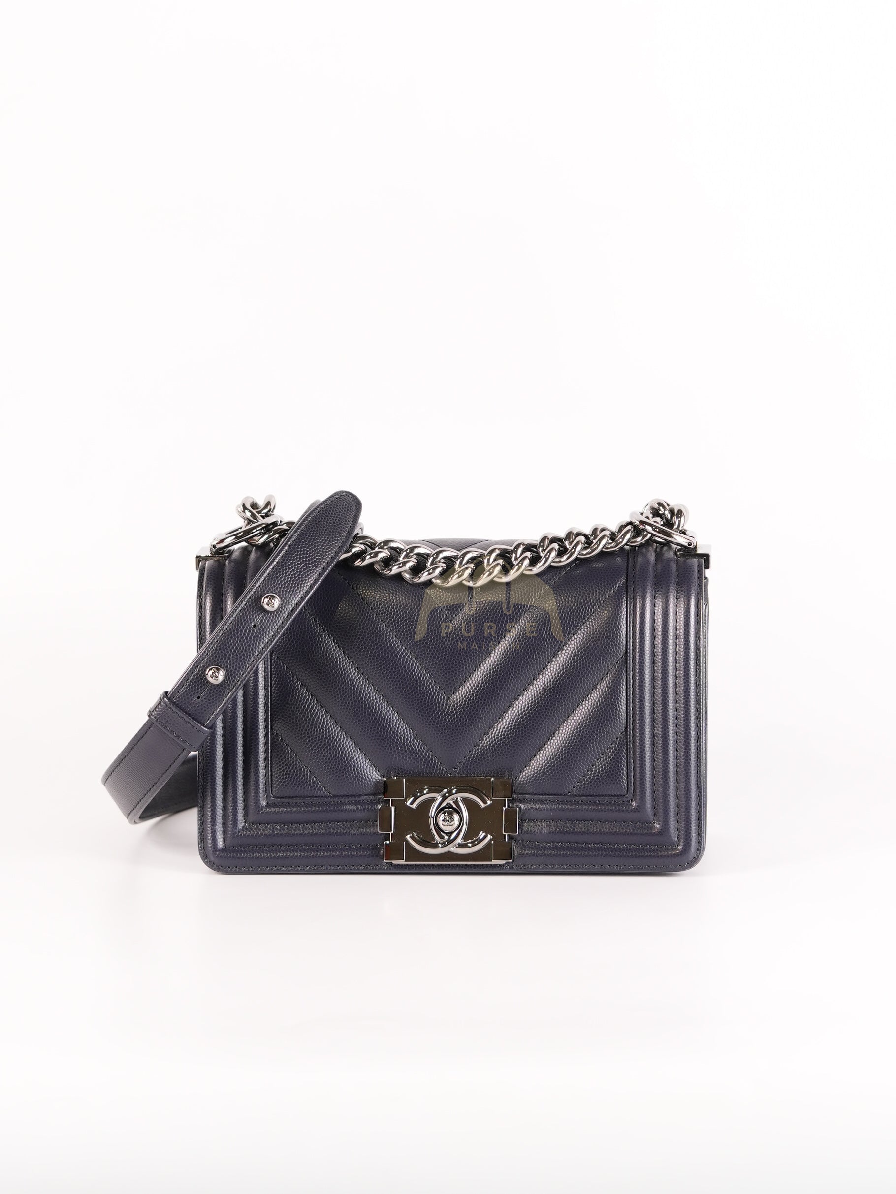 Boy Small Navy Blue in Chevron Caviar Leather and Silver Hardware Series 25 | Purse Maison Luxury Bags Shop