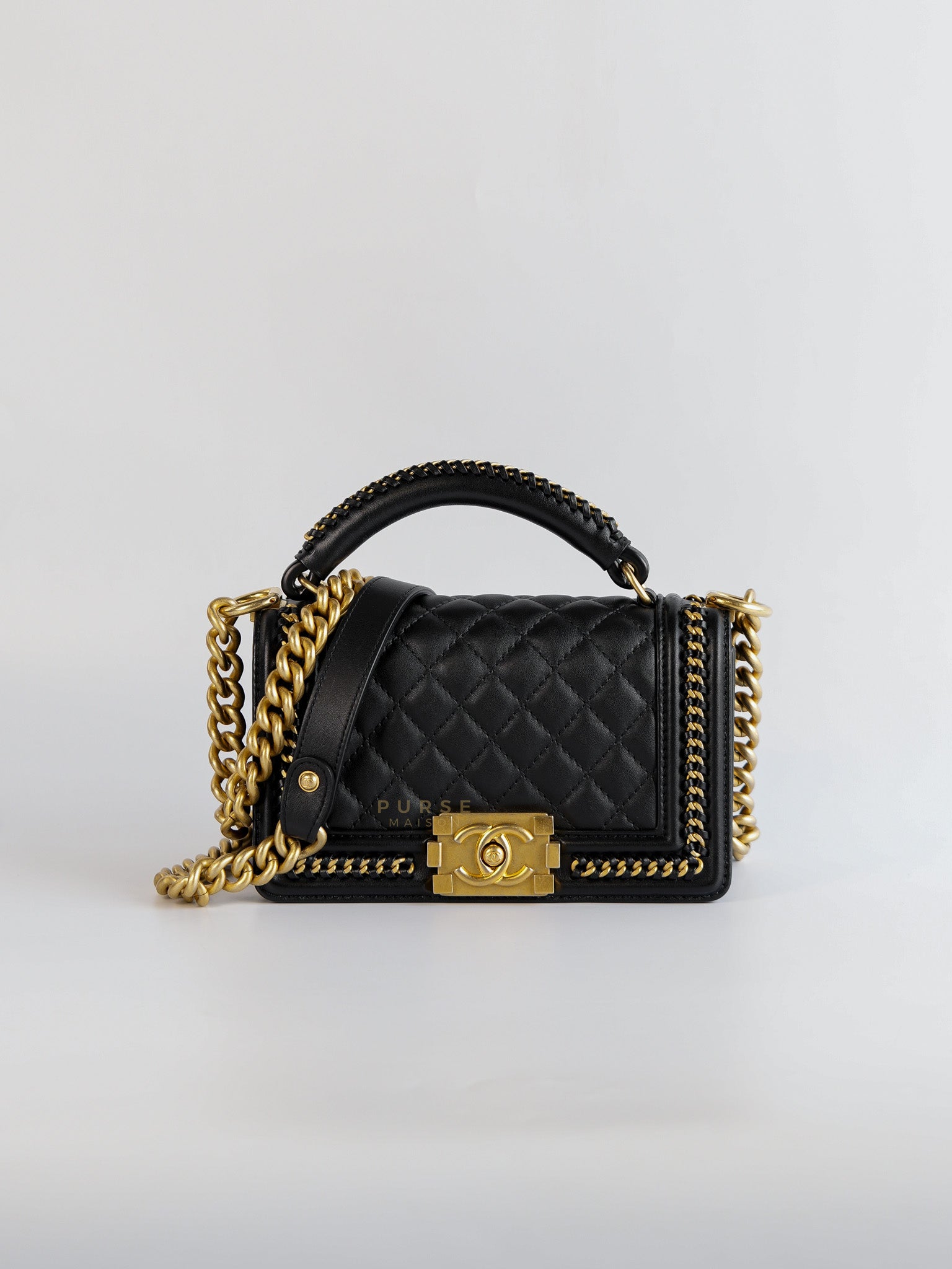 Boy Top Handle Small in Black Lambskin Leather Aged Gold Hardware(Series 26) | Purse Maison Luxury Bags Shop