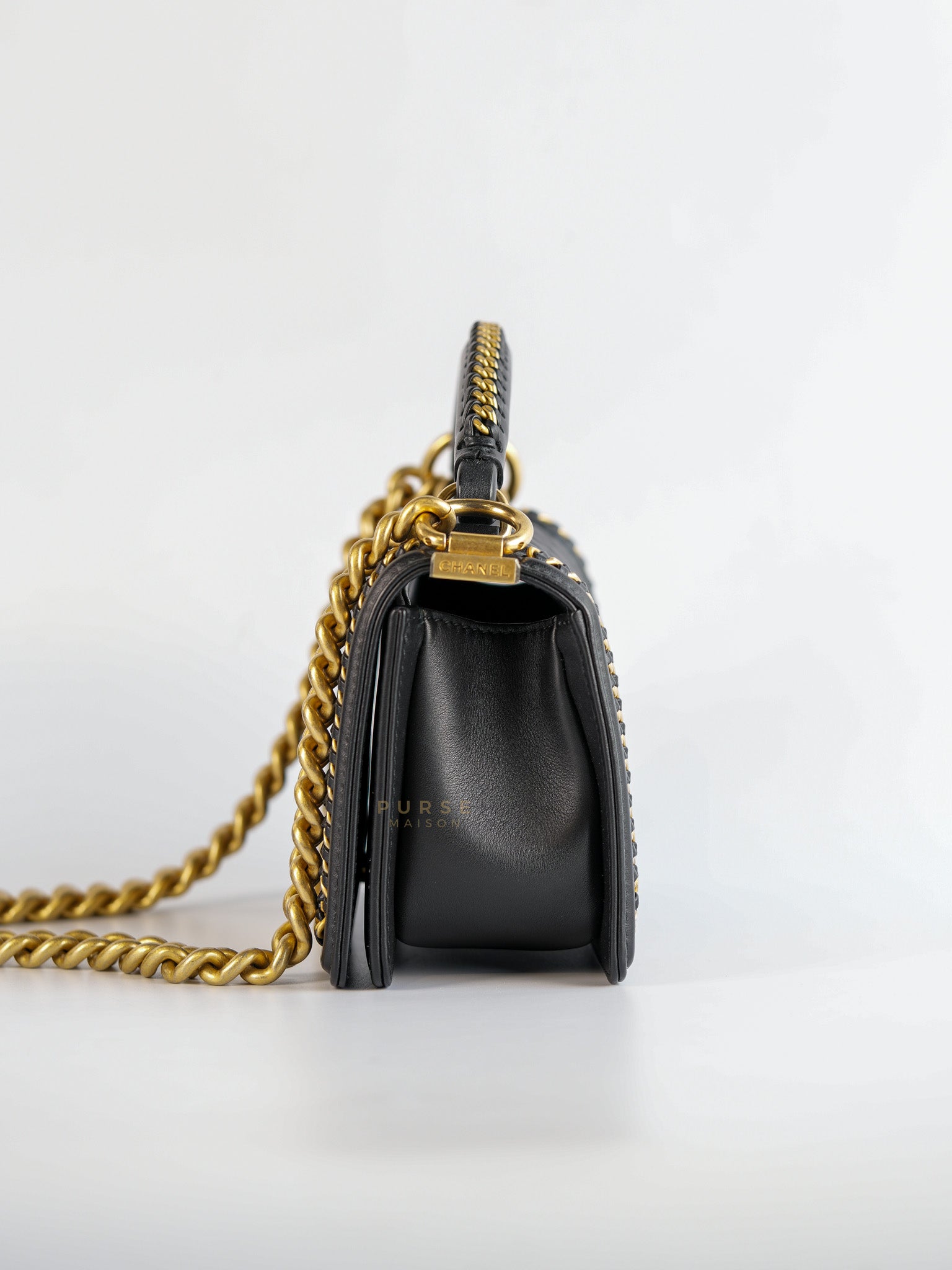 Boy Top Handle Small in Black Lambskin Leather Aged Gold Hardware(Series 26) | Purse Maison Luxury Bags Shop