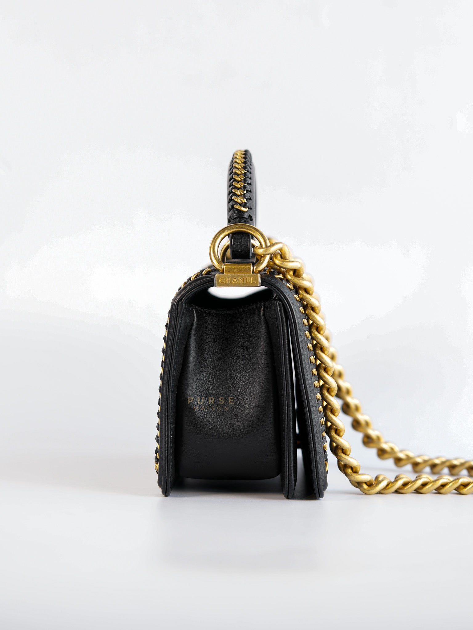 Boy Top Handle Small in Black Lambskin Leather Aged Gold Hardware(Series 26) | Purse Maison Luxury Bags Shop