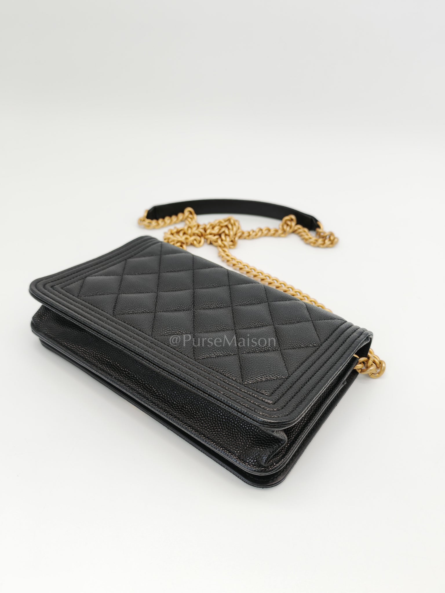 Boy Wallet On Chain Black Caviar Leather in Aged Gold Hardware(Series 30) | Purse Maison Luxury Bags Shop