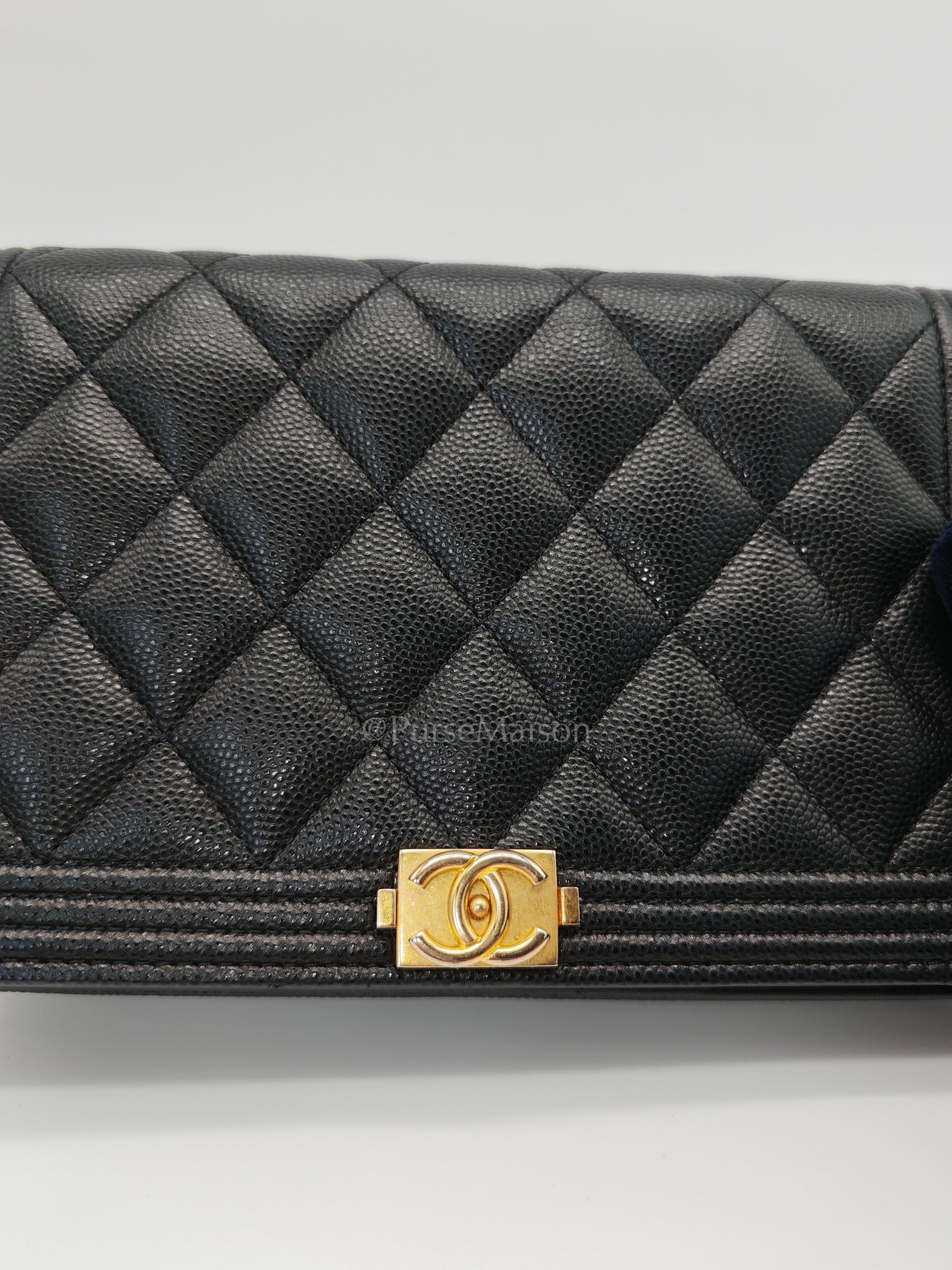 Boy Wallet On Chain Black Caviar Leather in Aged Gold Hardware(Series 30) | Purse Maison Luxury Bags Shop