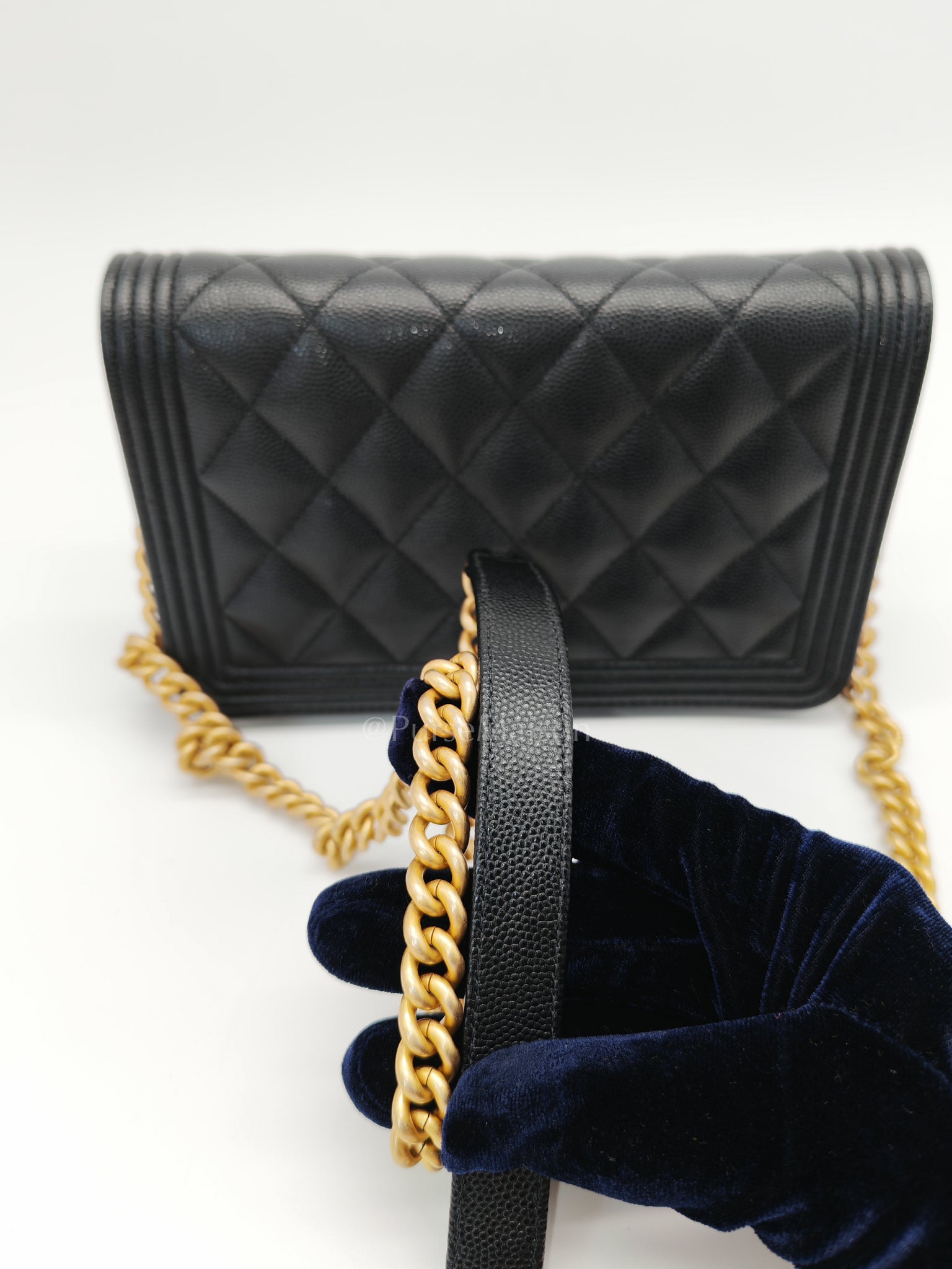 Boy Wallet On Chain Black Caviar Leather in Aged Gold Hardware(Series 30) | Purse Maison Luxury Bags Shop