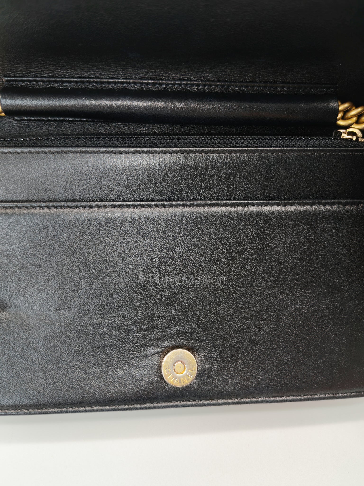 Boy Wallet On Chain Black Caviar Leather in Aged Gold Hardware(Series 30) | Purse Maison Luxury Bags Shop