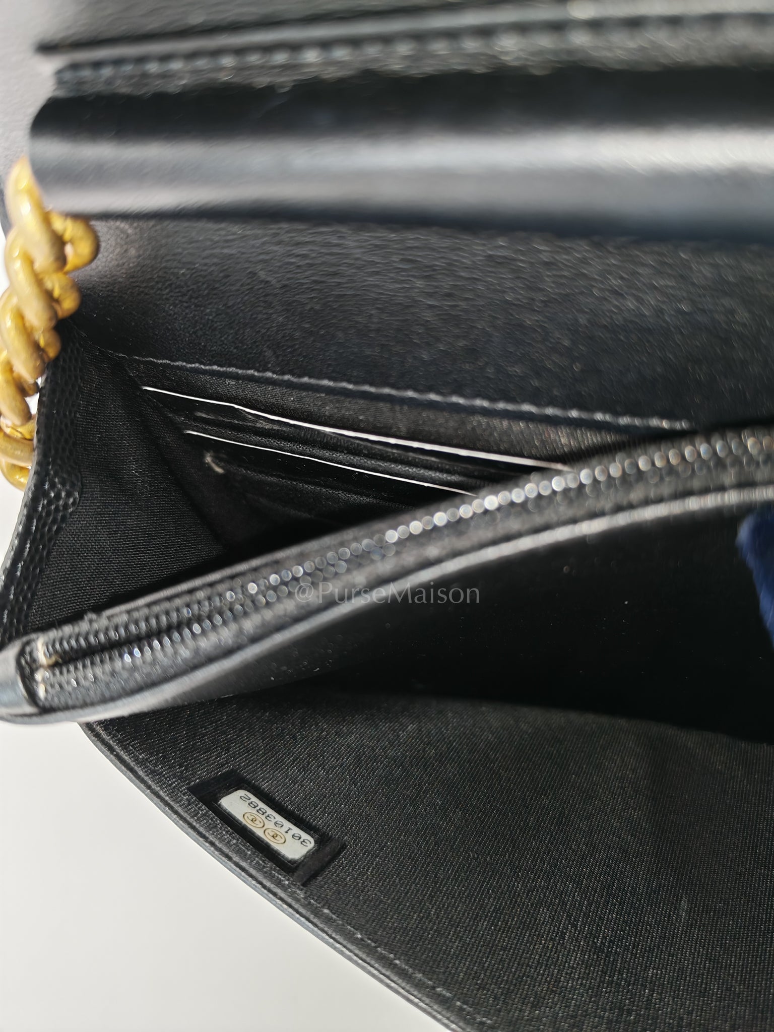 Boy Wallet On Chain Black Caviar Leather in Aged Gold Hardware(Series 30) | Purse Maison Luxury Bags Shop