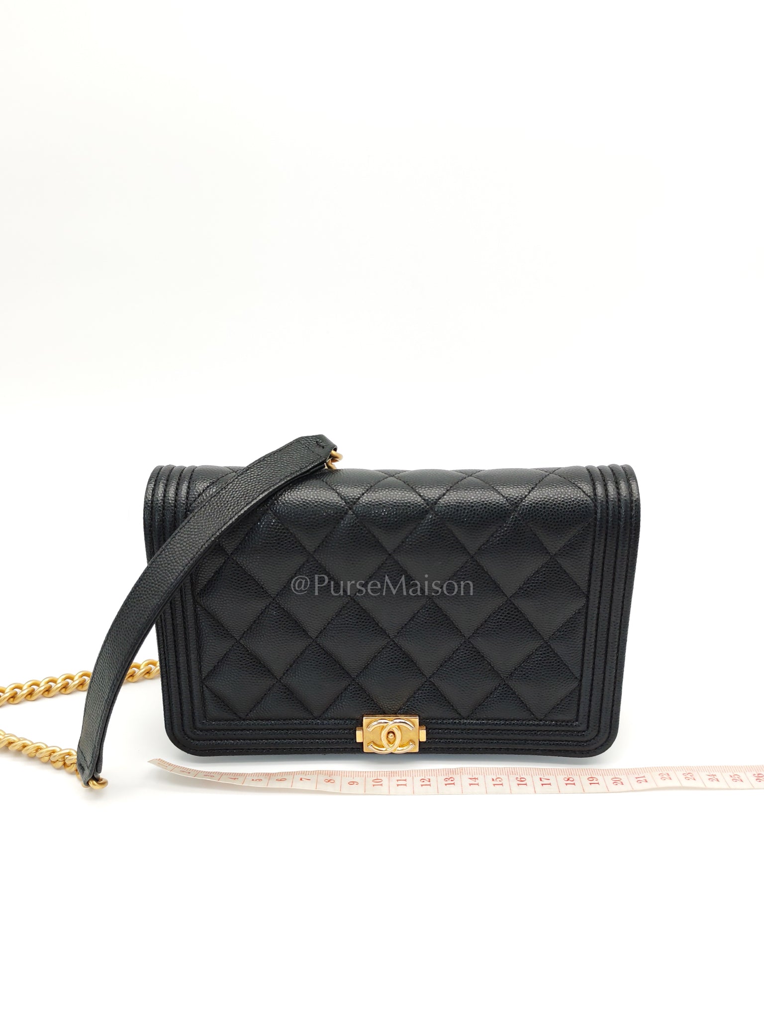 Boy Wallet On Chain Black Caviar Leather in Aged Gold Hardware(Series 30) | Purse Maison Luxury Bags Shop