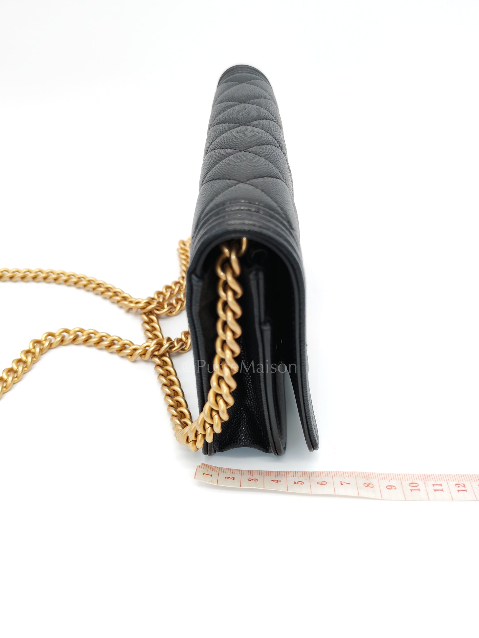Boy Wallet On Chain Black Caviar Leather in Aged Gold Hardware(Series 30) | Purse Maison Luxury Bags Shop