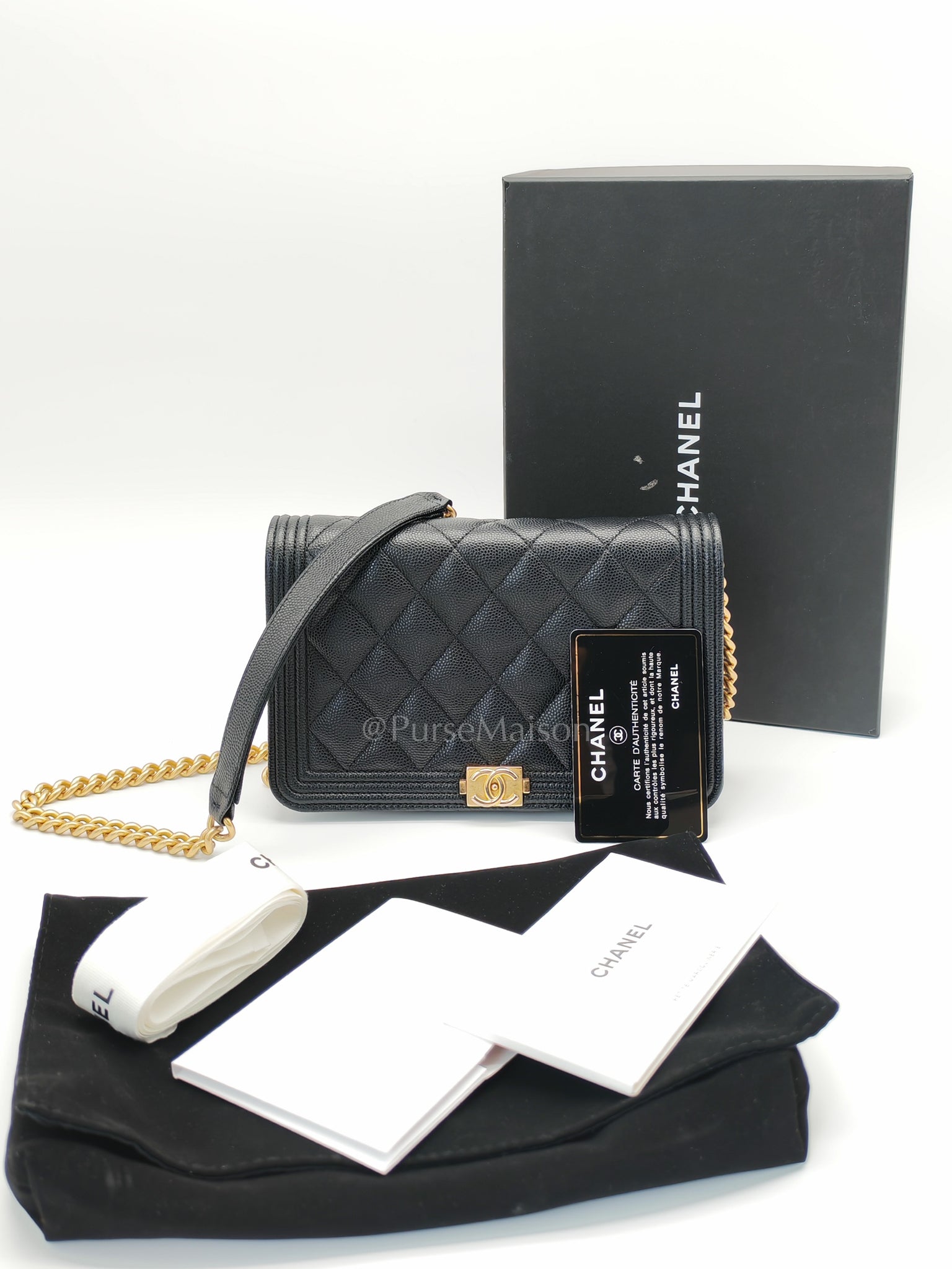 Boy Wallet On Chain Black Caviar Leather in Aged Gold Hardware(Series 30) | Purse Maison Luxury Bags Shop