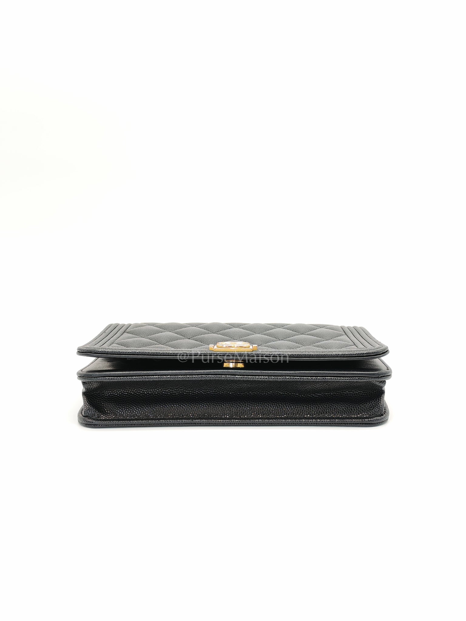 Boy Wallet On Chain Black Caviar Leather in Aged Gold Hardware(Series 30) | Purse Maison Luxury Bags Shop
