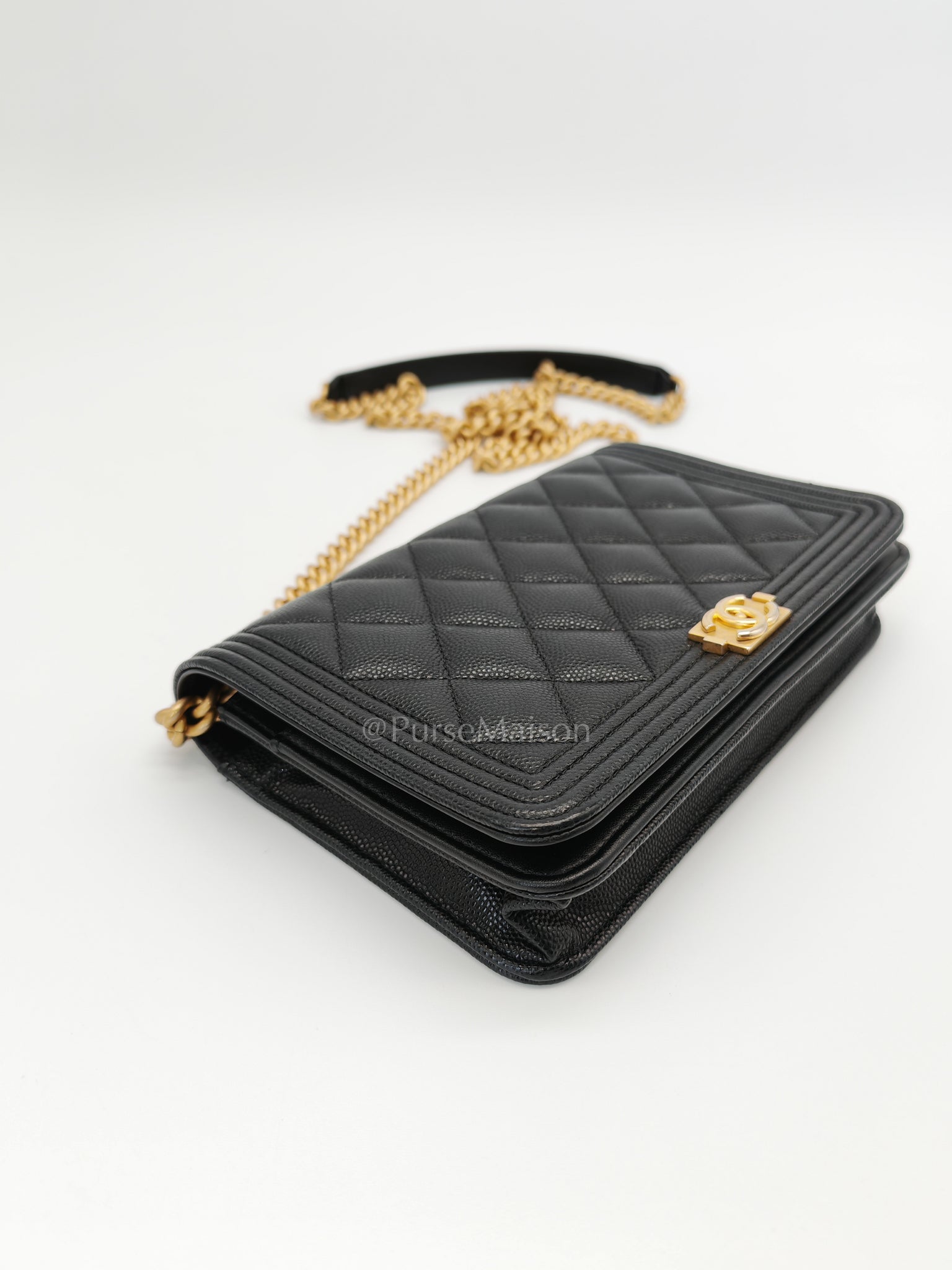 Boy Wallet On Chain Black Caviar Leather in Aged Gold Hardware(Series 30) | Purse Maison Luxury Bags Shop