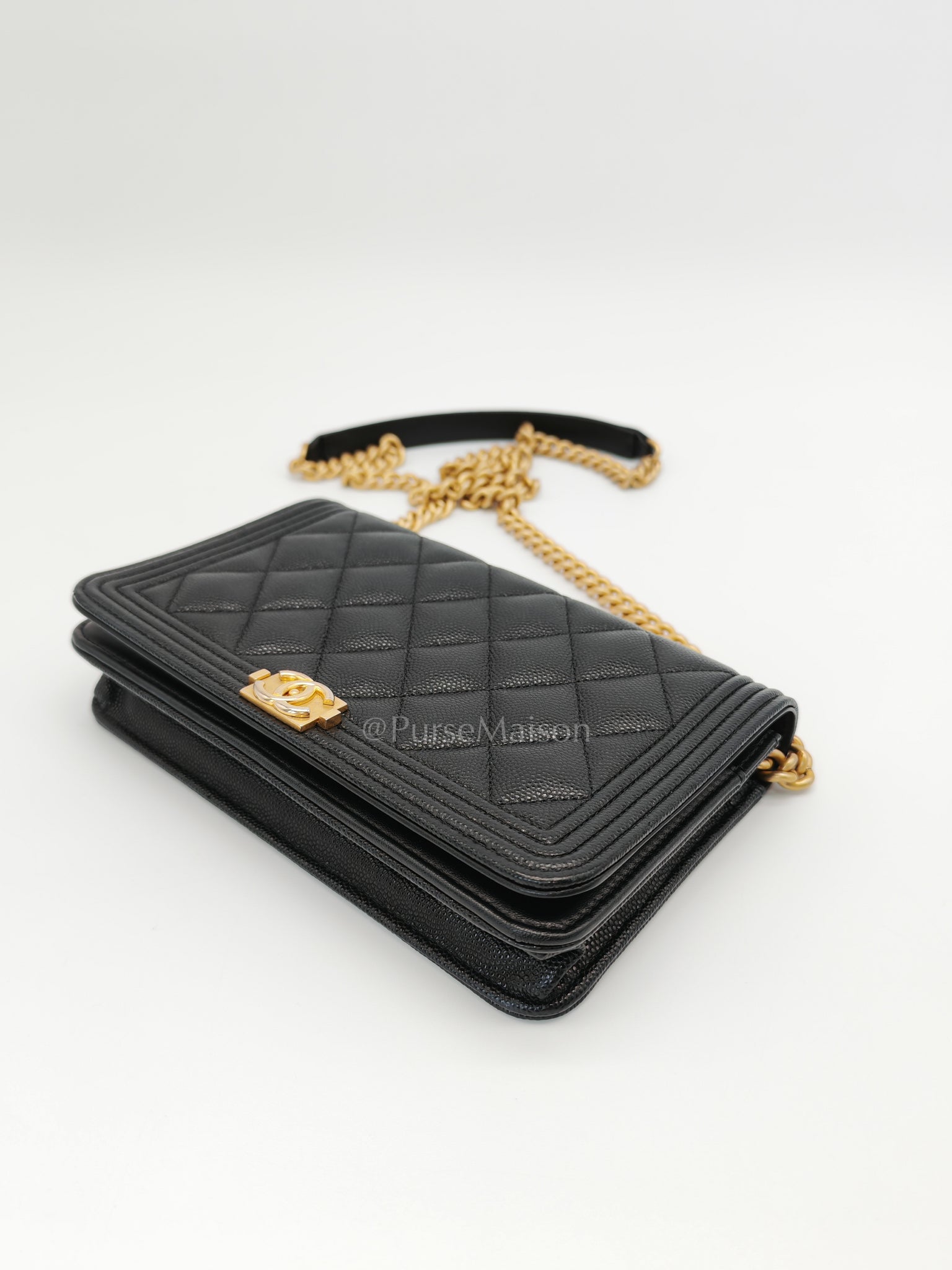 Boy Wallet On Chain Black Caviar Leather in Aged Gold Hardware(Series 30) | Purse Maison Luxury Bags Shop