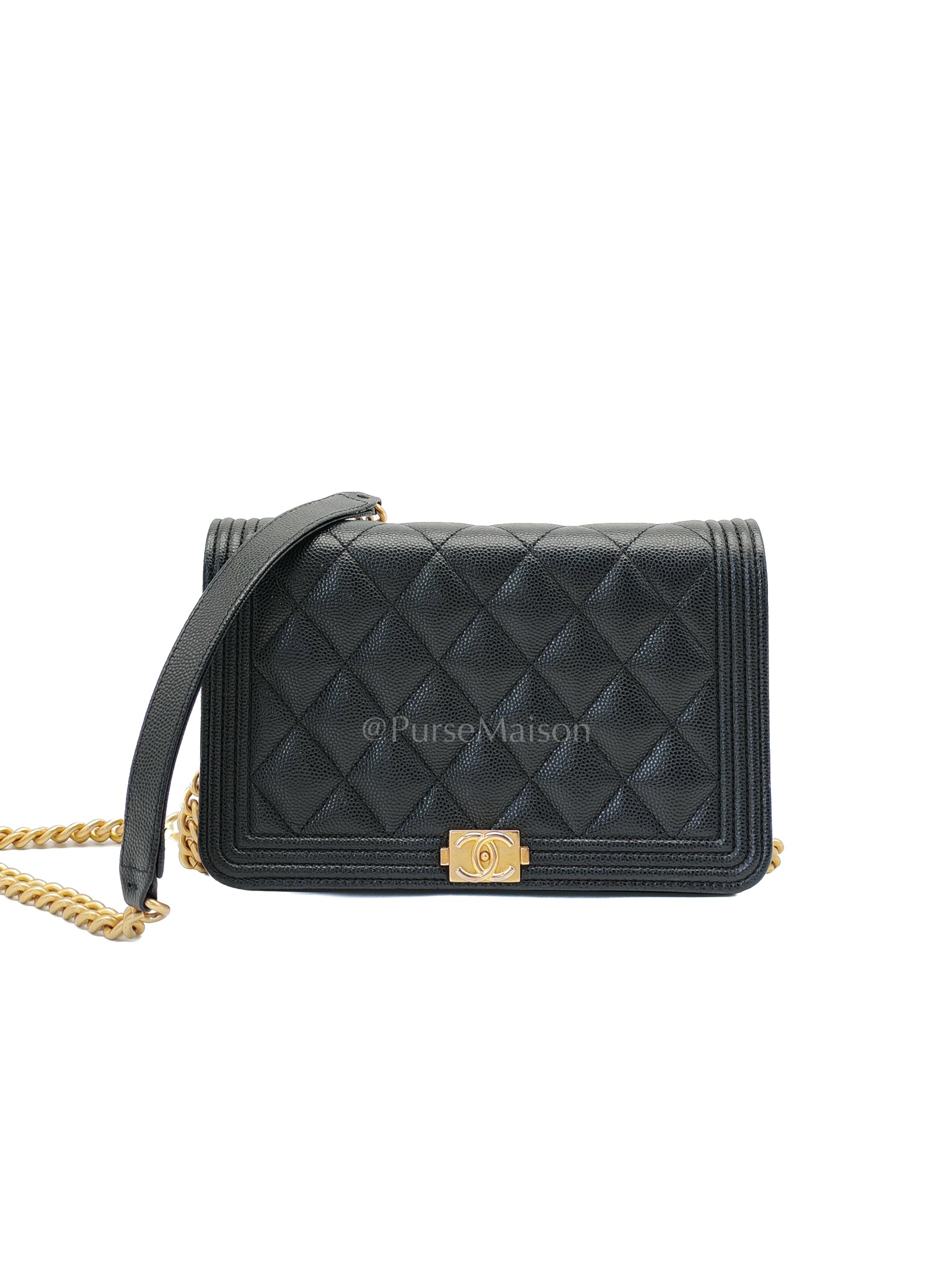 Boy Wallet On Chain Black Caviar Leather in Aged Gold Hardware(Series 30) | Purse Maison Luxury Bags Shop