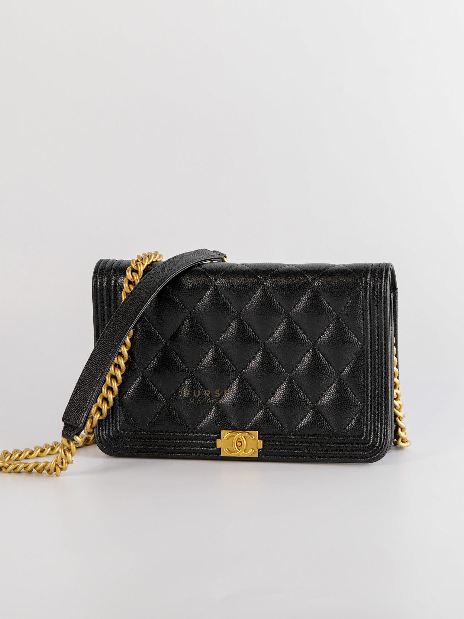 Boy Wallet On Chain in Black Caviar Leather Gold Hardware(Microchip) | Purse Maison Luxury Bags Shop