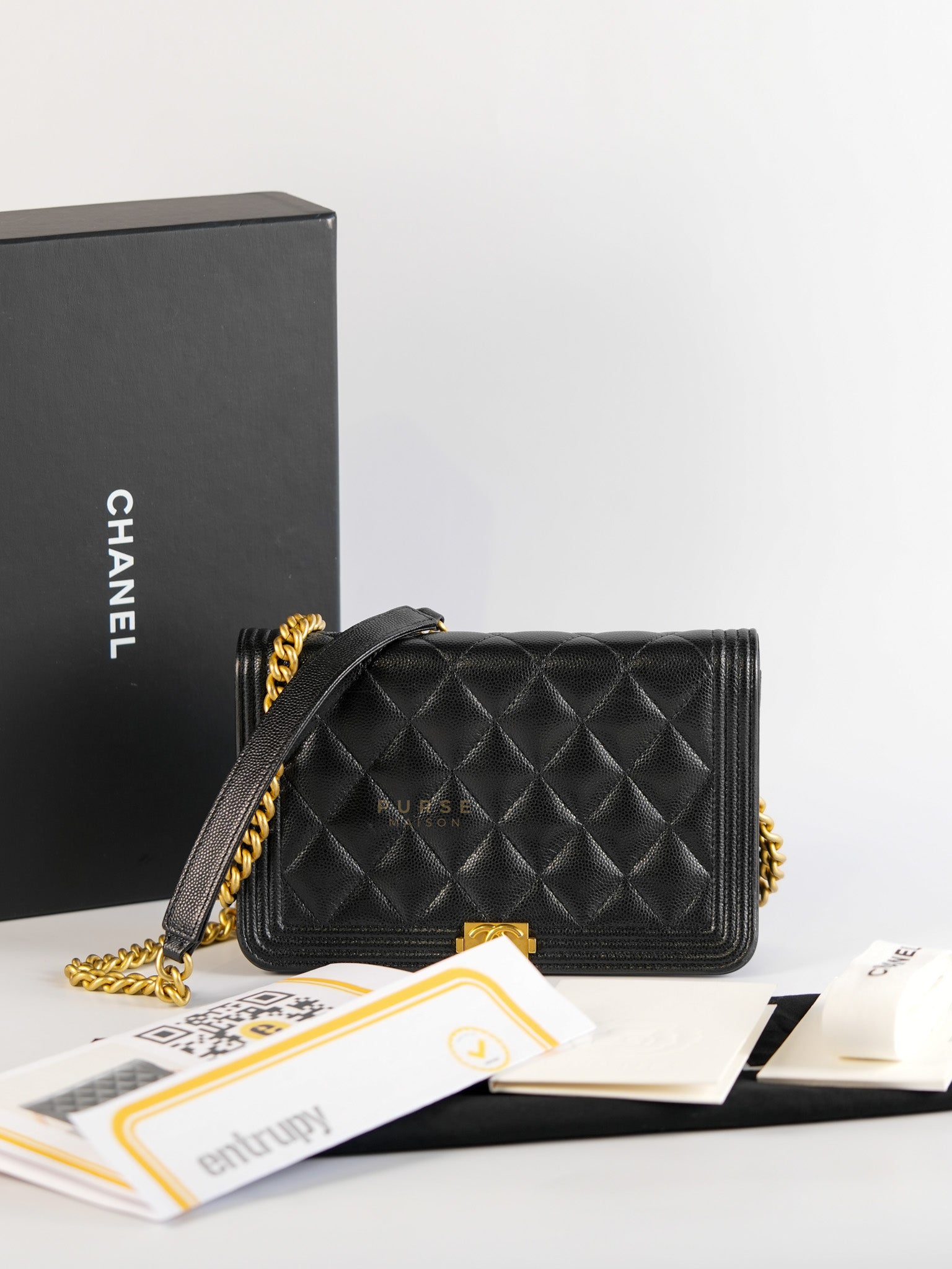 Boy Wallet On Chain in Black Caviar Leather Gold Hardware(Microchip) | Purse Maison Luxury Bags Shop
