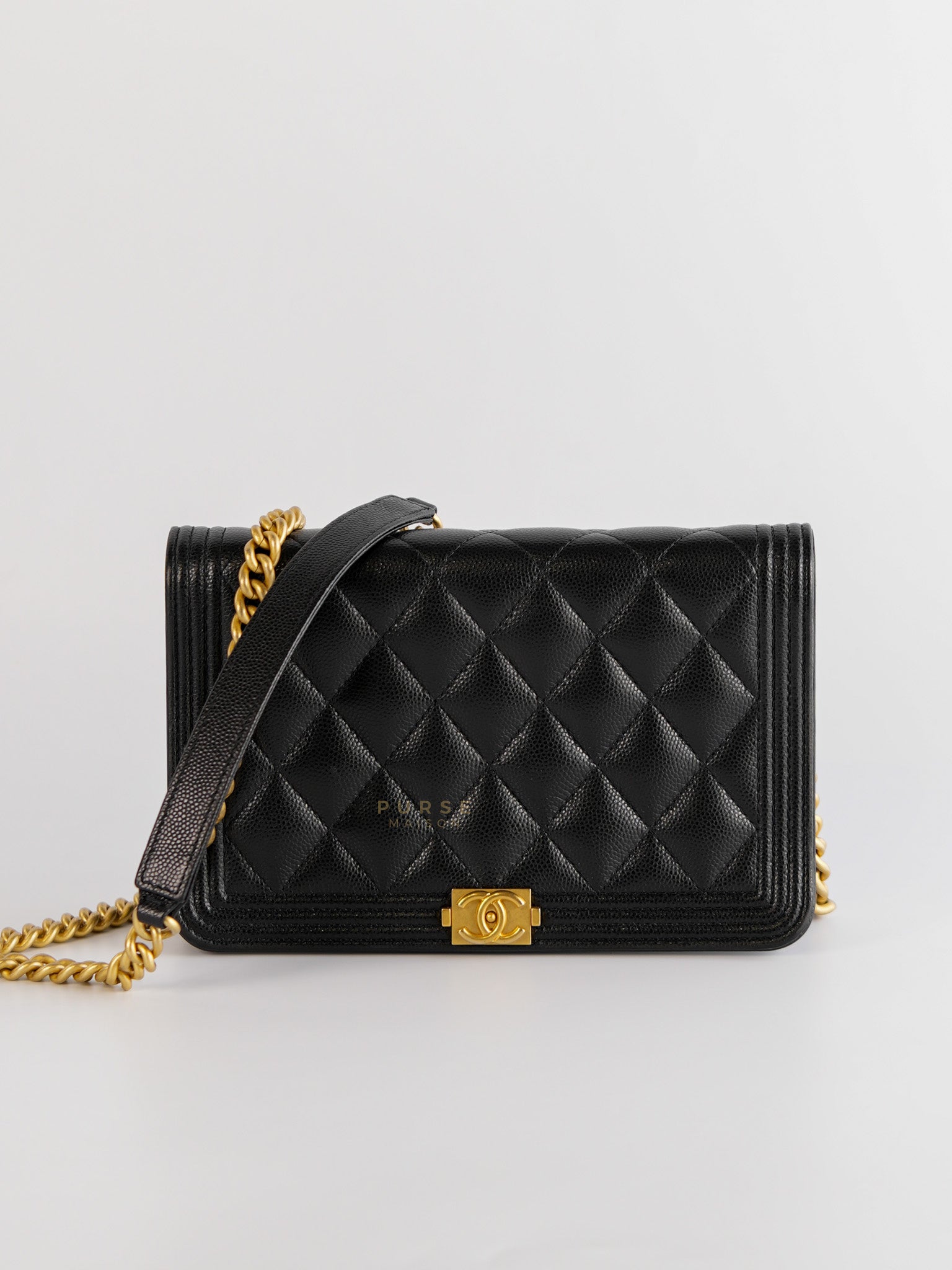 Boy Wallet On Chain in Black Caviar Leather Gold Hardware(Microchip) | Purse Maison Luxury Bags Shop