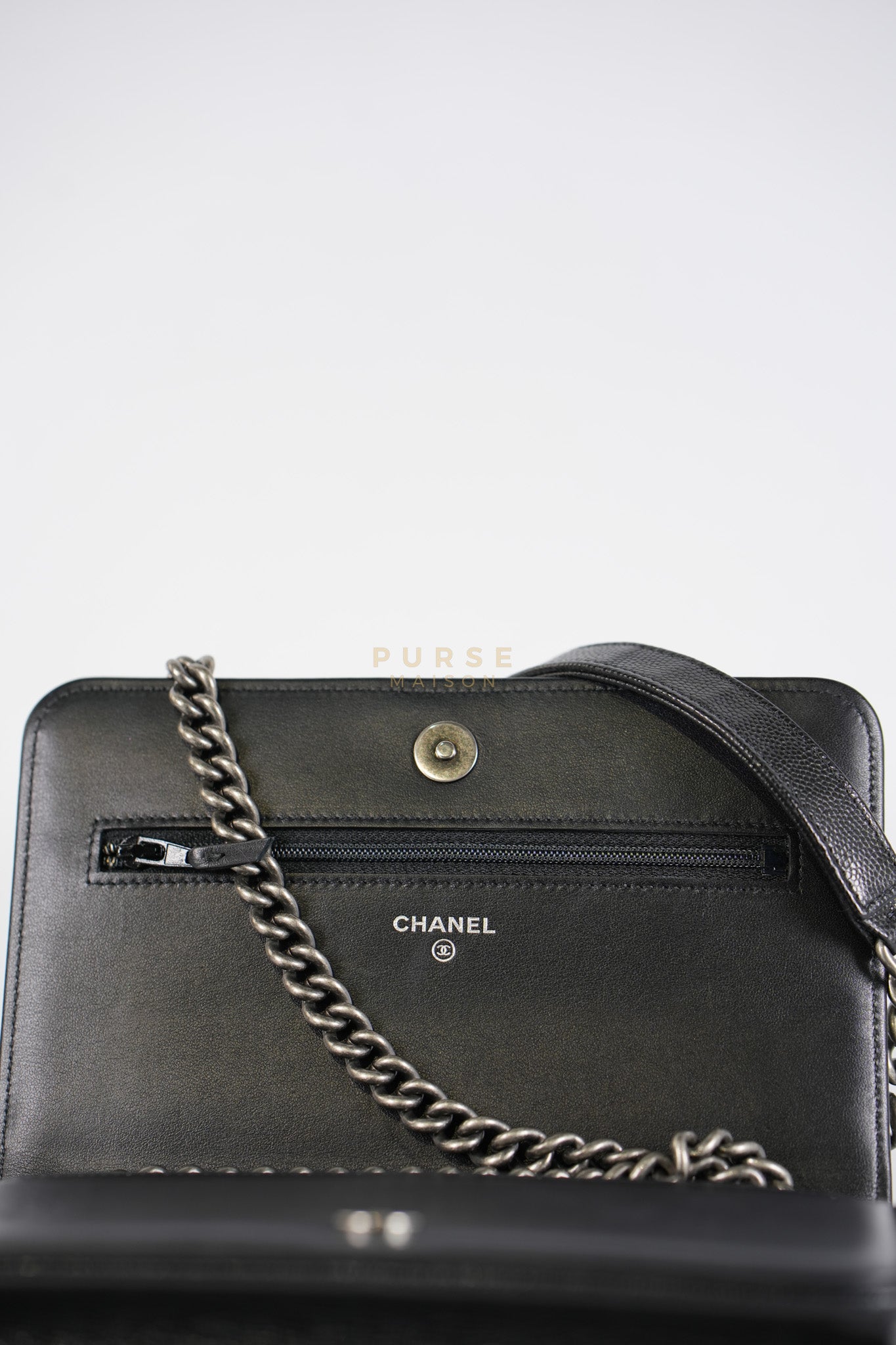 Boy Wallet on Chain in Black Caviar Leather Ruthenium Hardware (Microchip) | Purse Maison Luxury Bags Shop