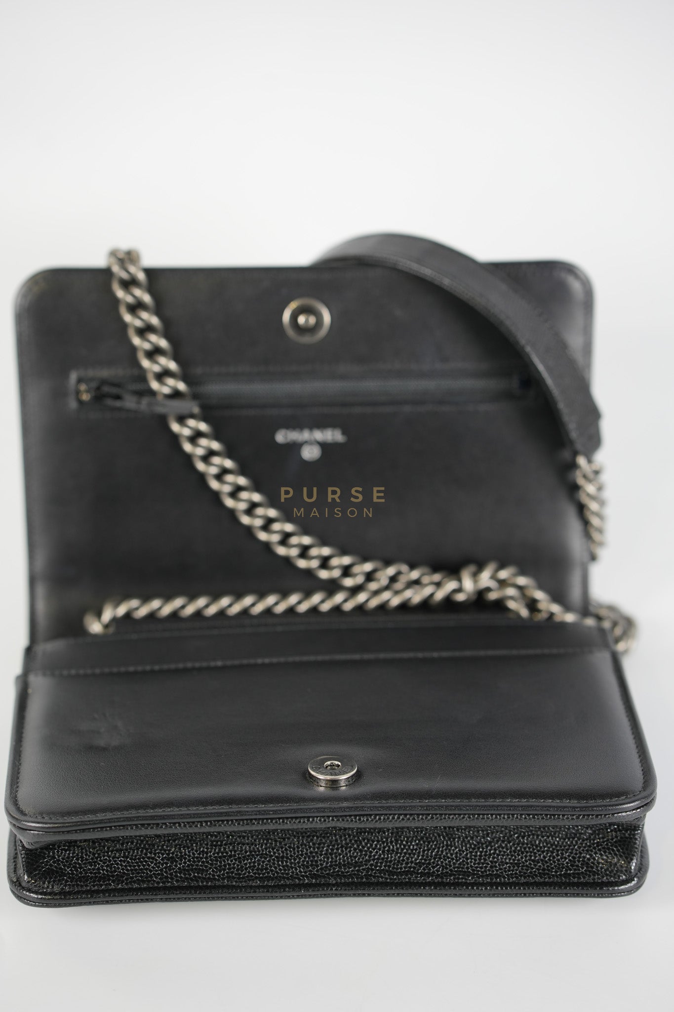Boy Wallet on Chain in Black Caviar Leather Ruthenium Hardware (Microchip) | Purse Maison Luxury Bags Shop