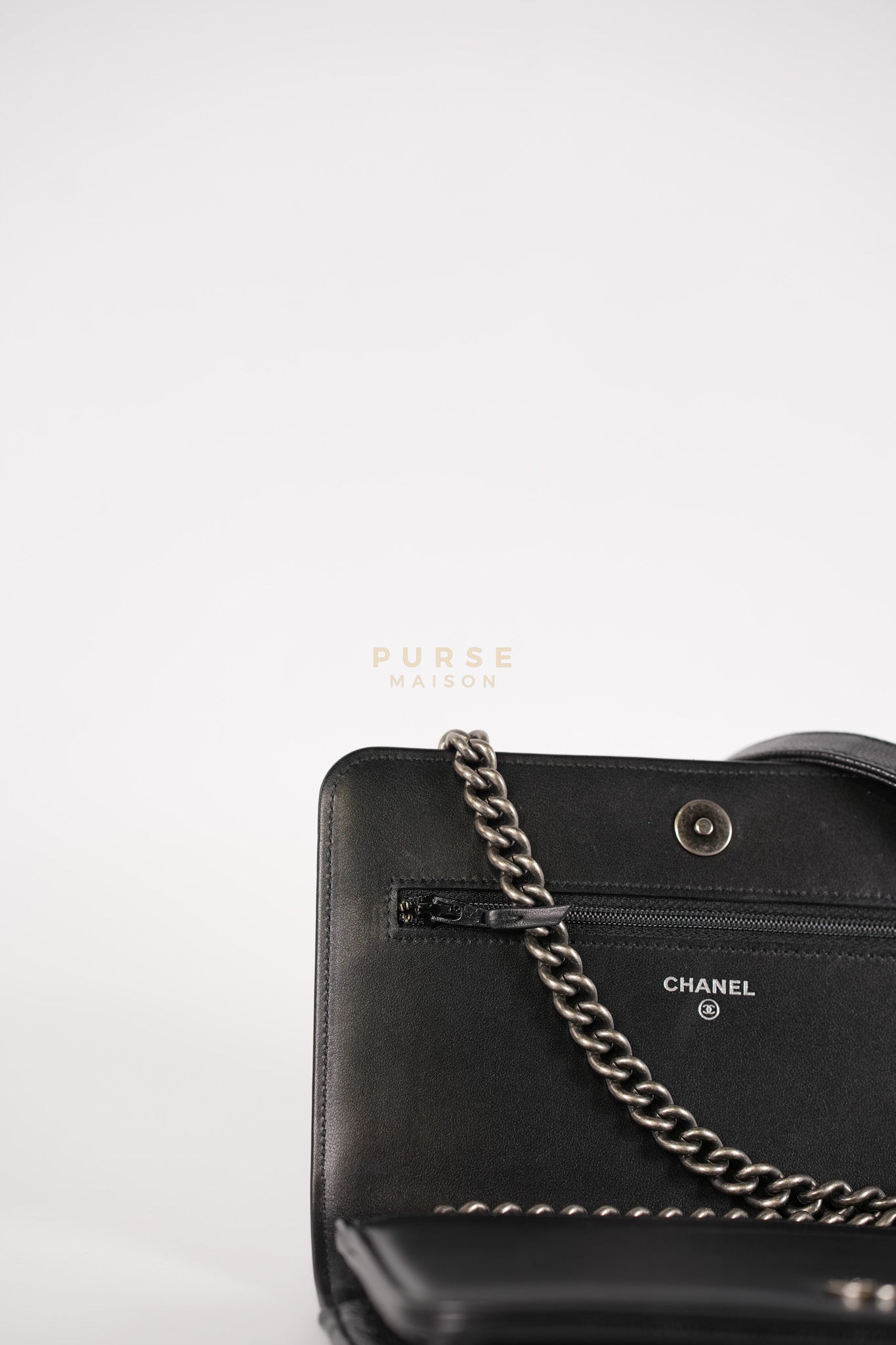 Boy Wallet on Chain in Black Caviar Leather Ruthenium Hardware (Microchip) | Purse Maison Luxury Bags Shop