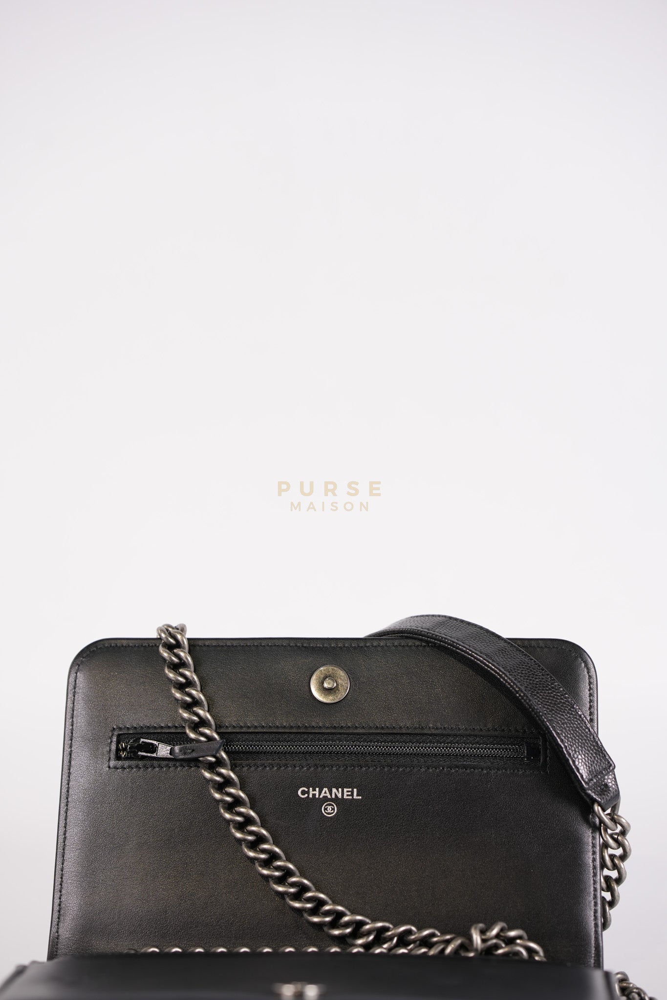 Boy Wallet on Chain in Black Caviar Leather Ruthenium Hardware (Microchip) | Purse Maison Luxury Bags Shop