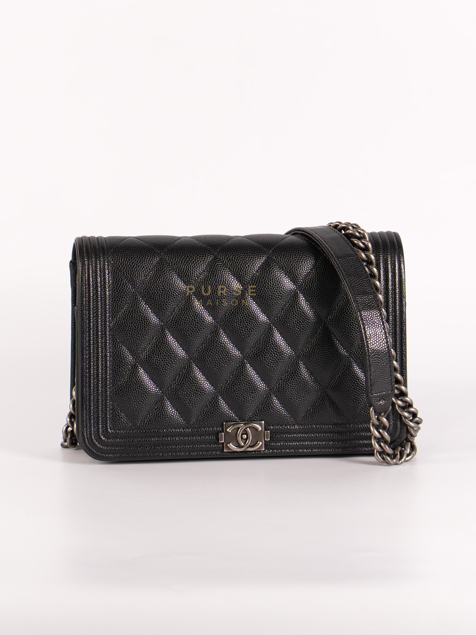 Boy Wallet on Chain in Black Caviar Leather Ruthenium Hardware (Microchip) | Purse Maison Luxury Bags Shop