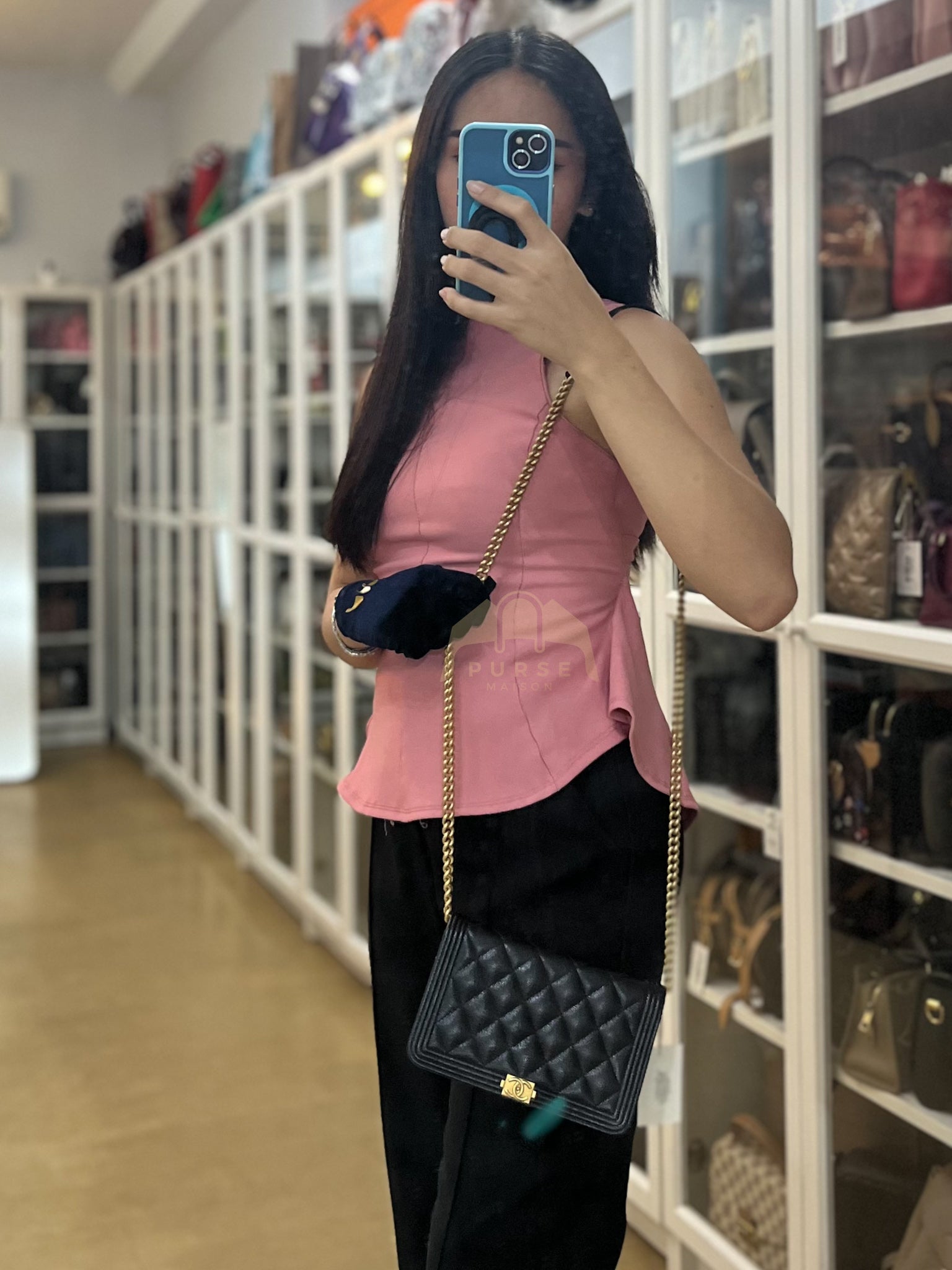 Boy Wallet On Chain (WOC) in Black Quilted Caviar Leather and Aged Gold Hardware Series 29 | Purse Maison Luxury Bags Shop