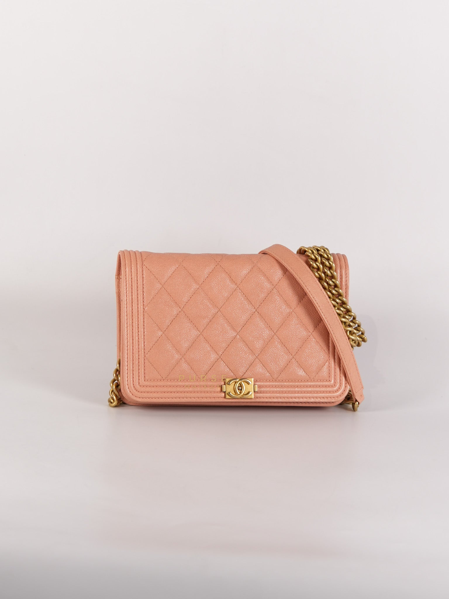 Boy Wallet On Chain in Light Pink Caviar Leather & Aged Gold Hardware (Series 27) | Purse Maison Luxury Bags Shop