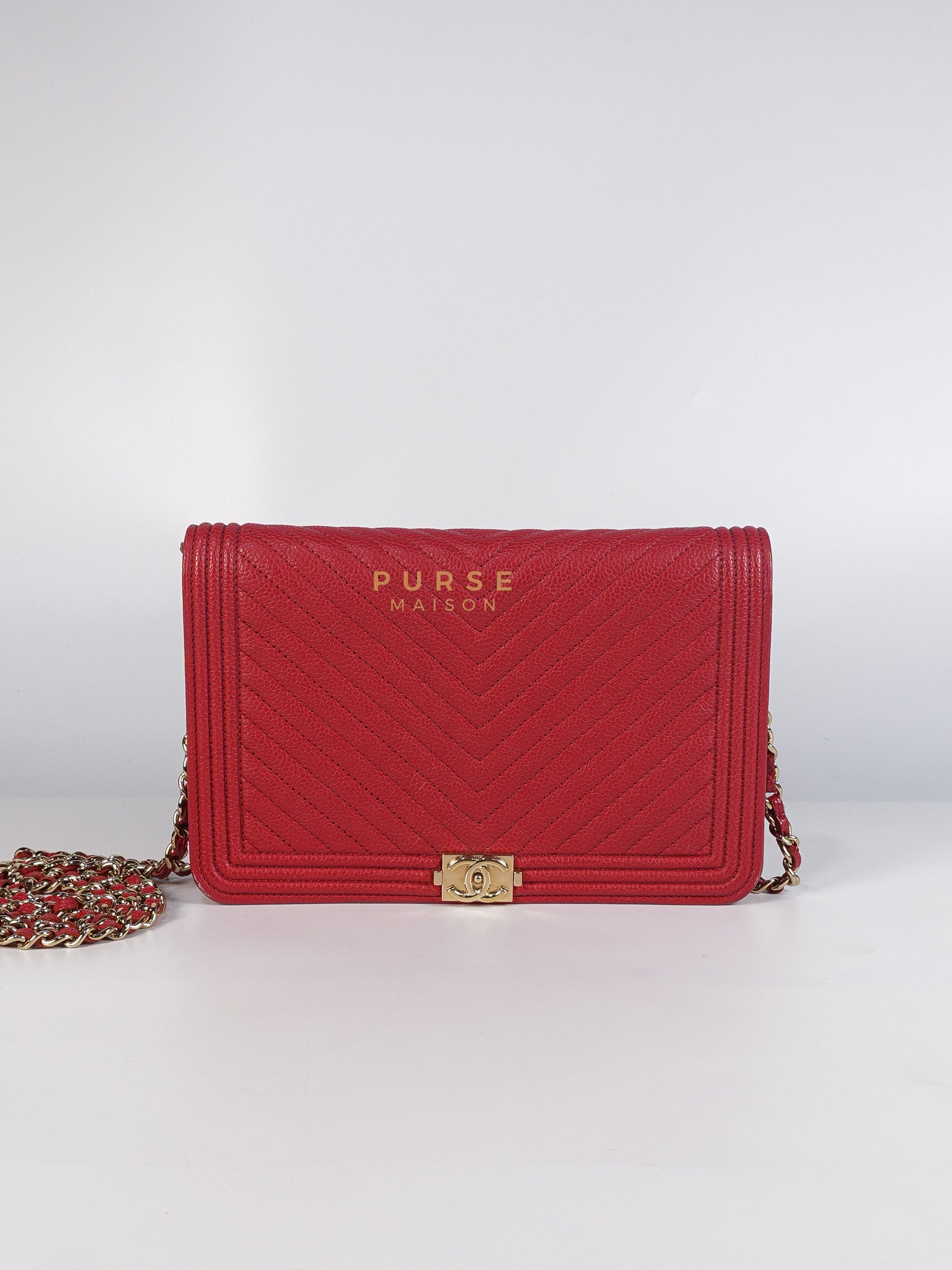 Boy Wallet on Chain in Red Chevron Caviar Leather & Light Gold Hardware Series 25 | Purse Maison Luxury Bags Shop