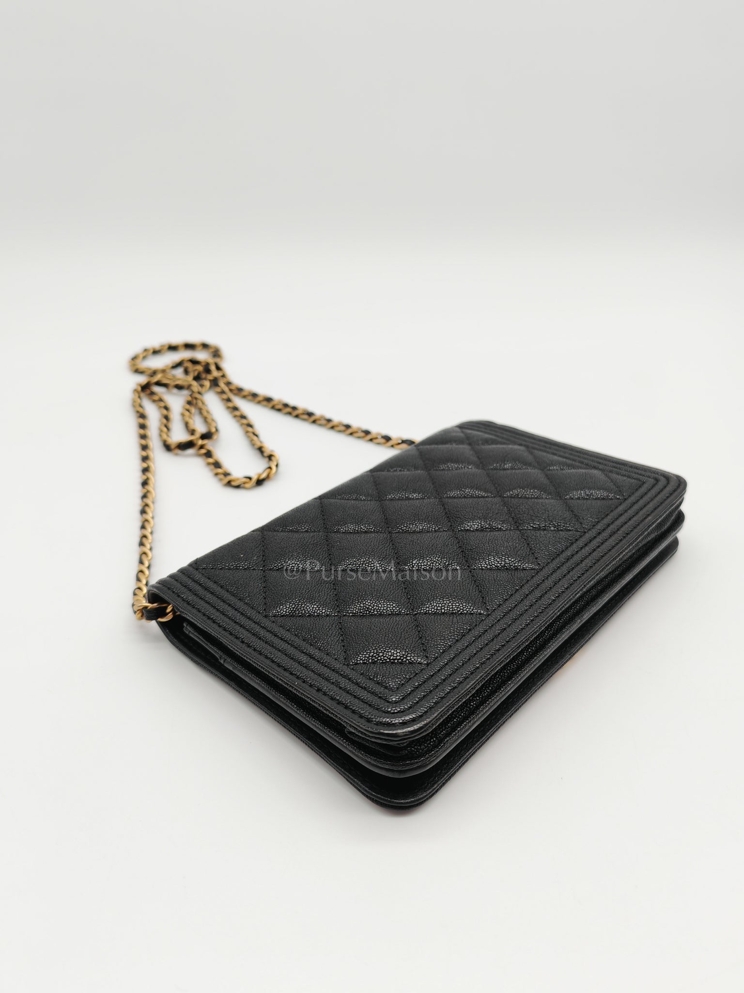 Boy Wallet On Chain (WOC) in Black Caviar Leather and Aged Gold Hardware Series 26 | Purse Maison Luxury Bags Shop