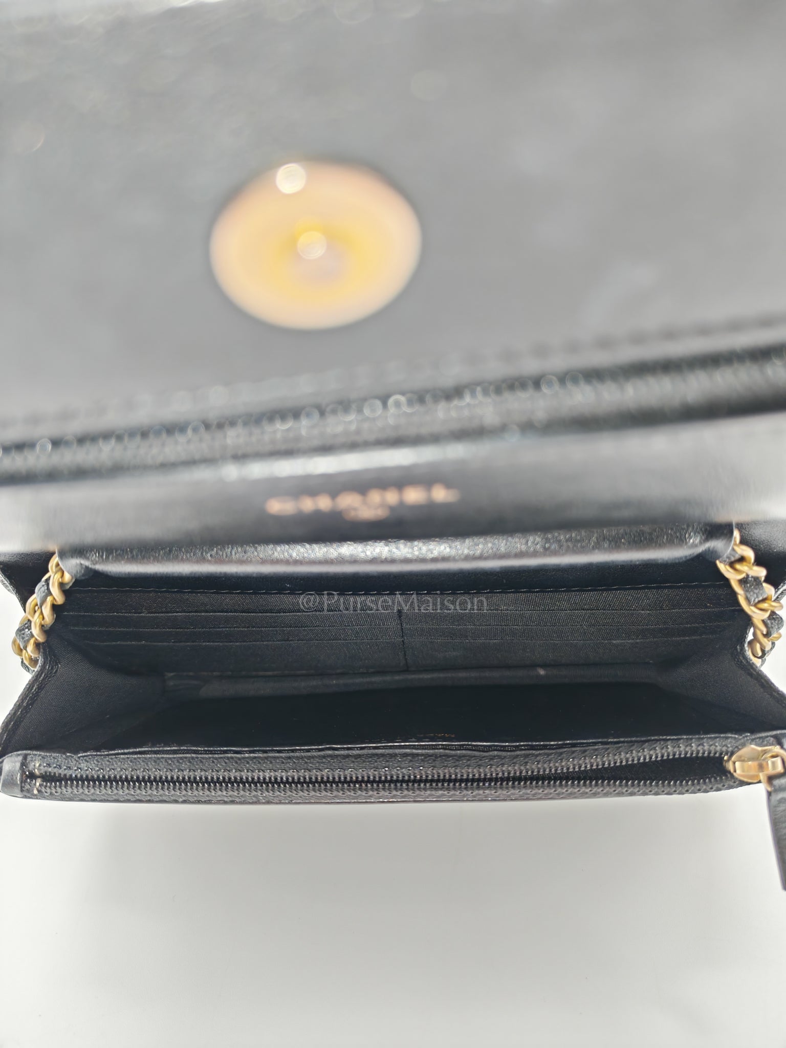 Boy Wallet On Chain (WOC) in Black Caviar Leather and Aged Gold Hardware Series 26 | Purse Maison Luxury Bags Shop