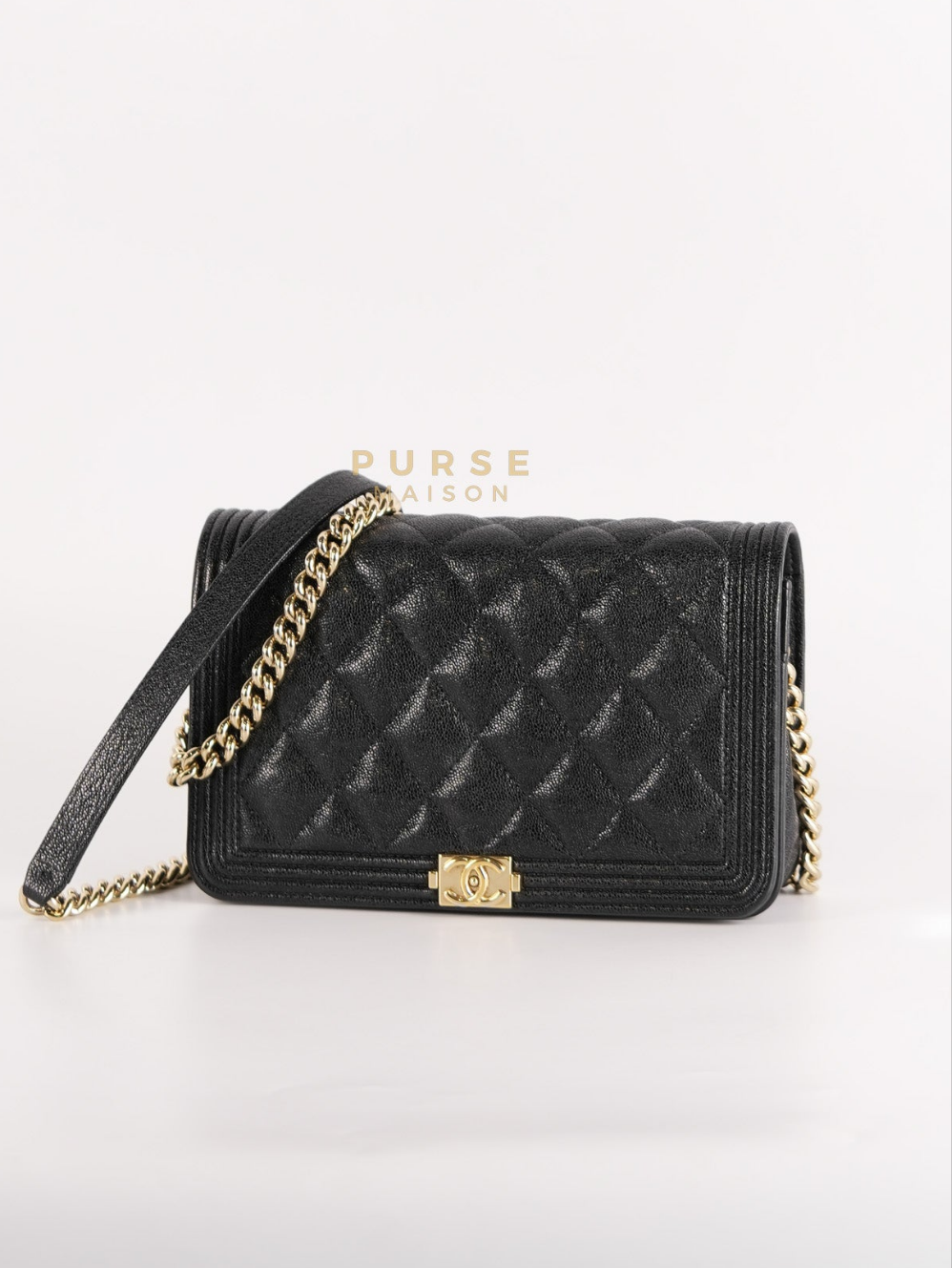Boy Wallet on Chain (WOC) in Black Caviar Leather & Light Gold Hardware Series 28 | Purse Maison Luxury Bags Shop