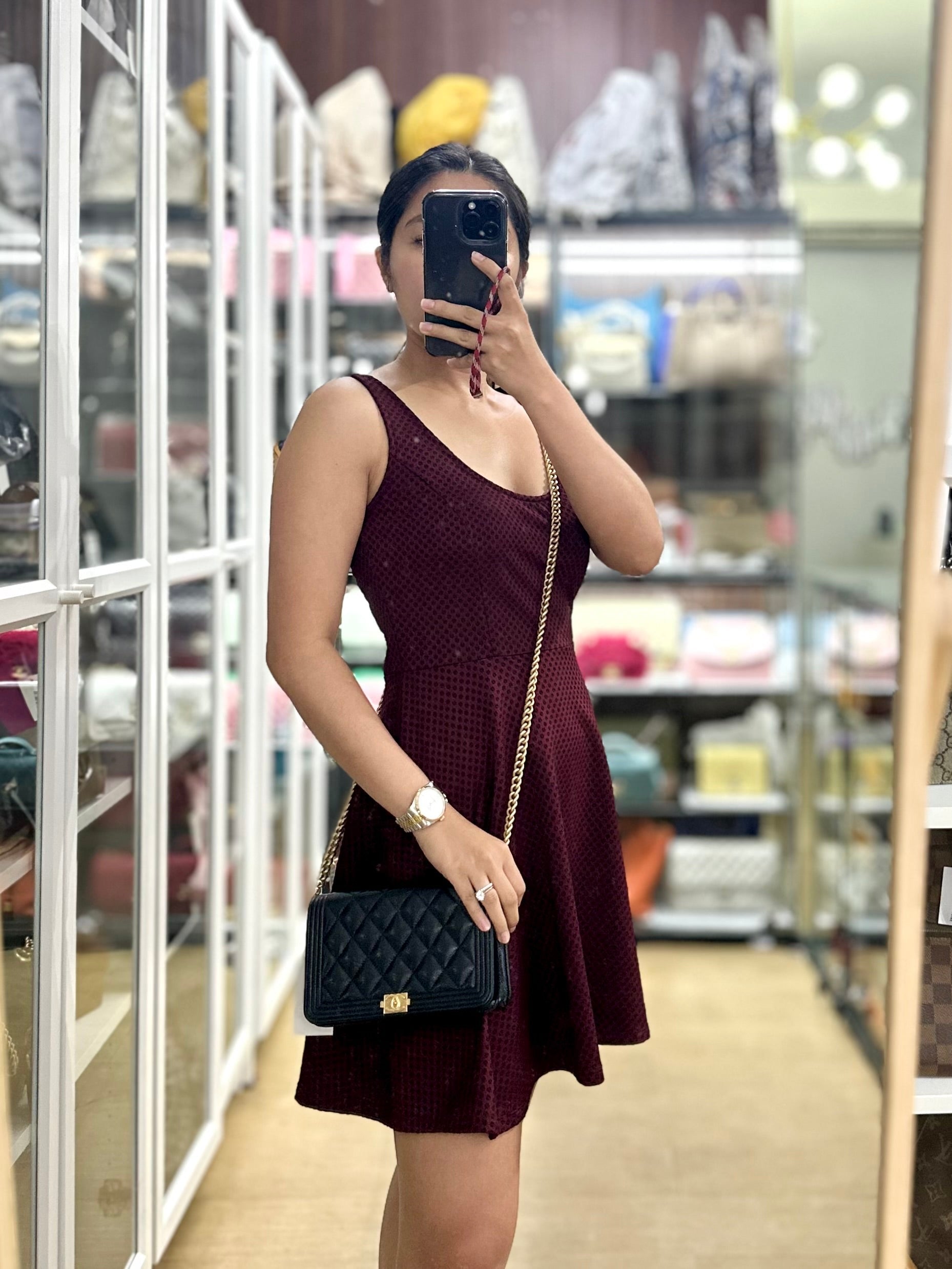 Boy Wallet on Chain (WOC) in Black Caviar Leather & Light Gold Hardware Series 28 | Purse Maison Luxury Bags Shop