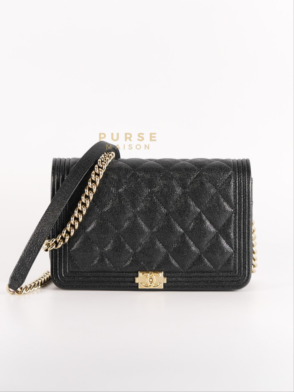 Boy Wallet on Chain (WOC) in Black Caviar Leather & Light Gold Hardware Series 28 | Purse Maison Luxury Bags Shop