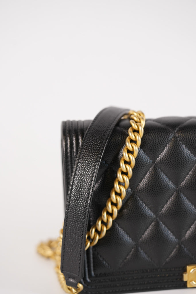 Boy Wallet On Chain (WOC) in Black Quilted Caviar Leather and Aged Gold Hardware Series 29 | Purse Maison Luxury Bags Shop