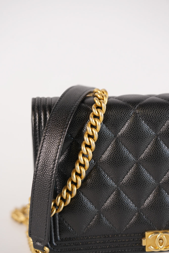 Boy Wallet On Chain (WOC) in Black Quilted Caviar Leather and Aged Gold Hardware Series 29 | Purse Maison Luxury Bags Shop