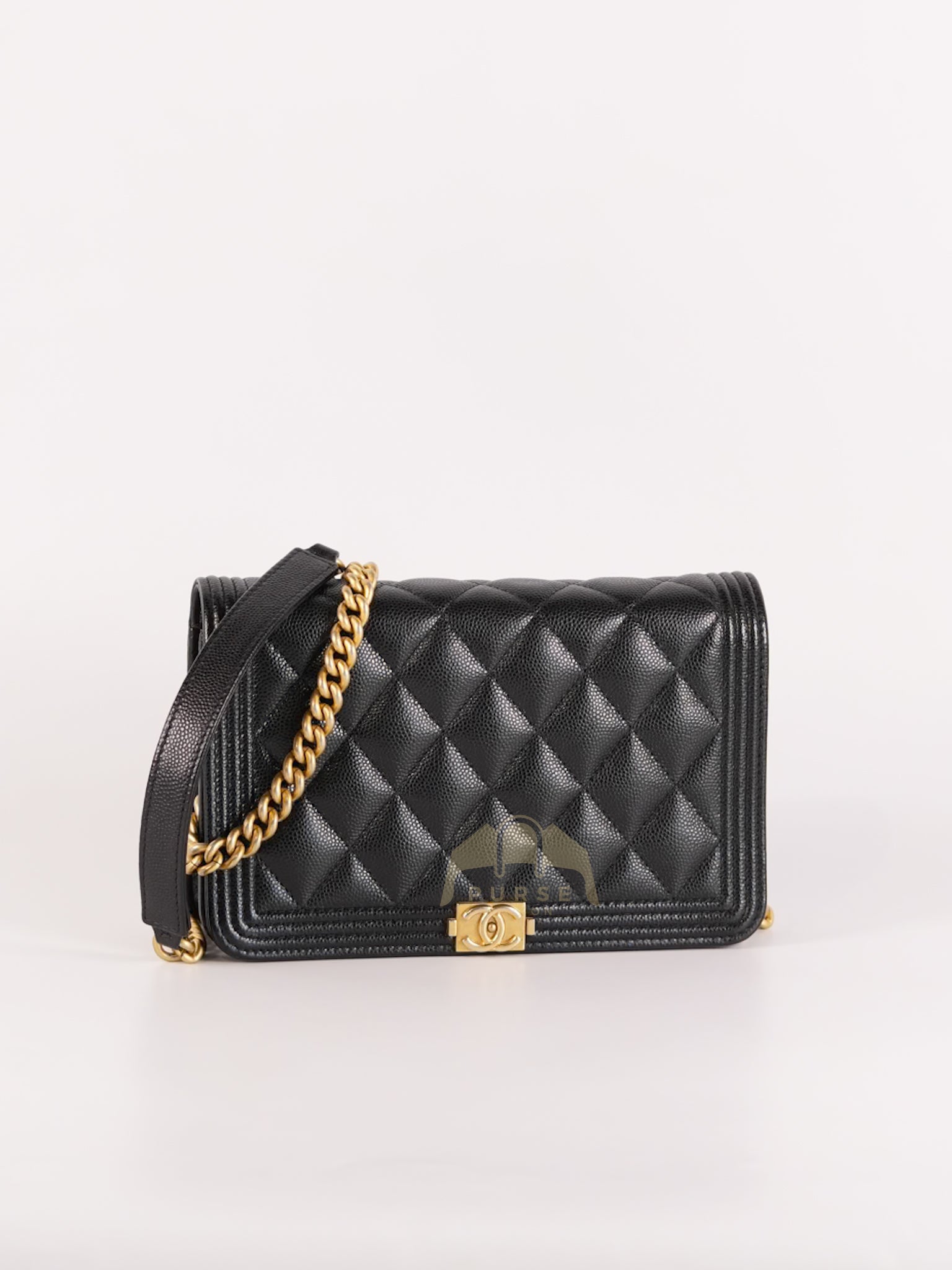Boy Wallet On Chain (WOC) in Black Quilted Caviar Leather and Aged Gold Hardware Series 29 | Purse Maison Luxury Bags Shop
