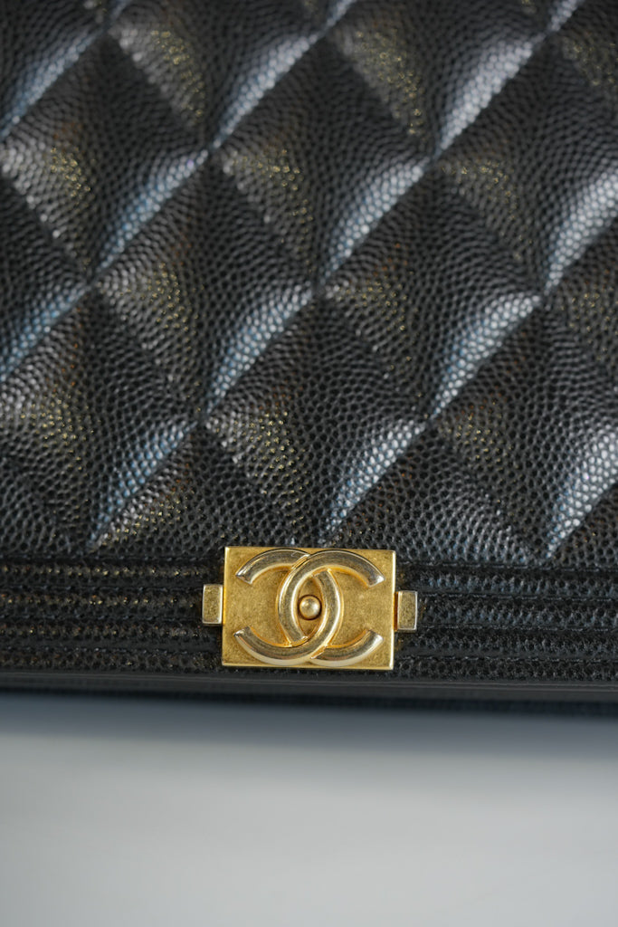 Boy Wallet On Chain (WOC) in Black Quilted Caviar Leather and Aged Gold Hardware Series 29 | Purse Maison Luxury Bags Shop