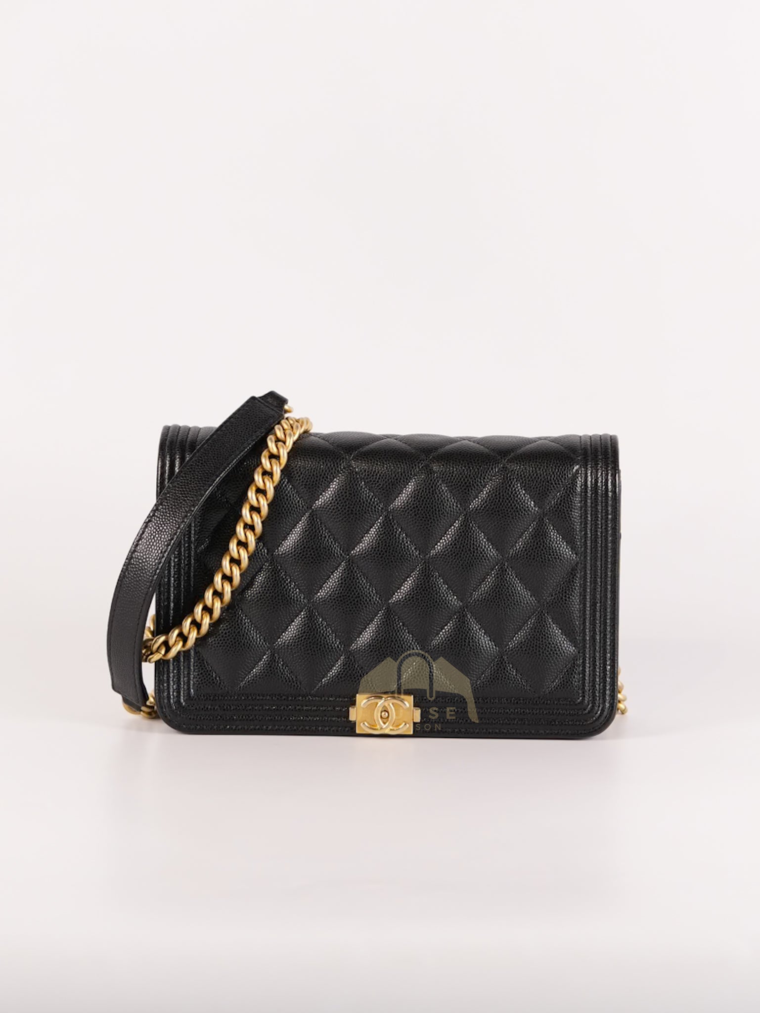 Boy Wallet On Chain (WOC) in Black Quilted Caviar Leather and Aged Gold Hardware Series 29 | Purse Maison Luxury Bags Shop