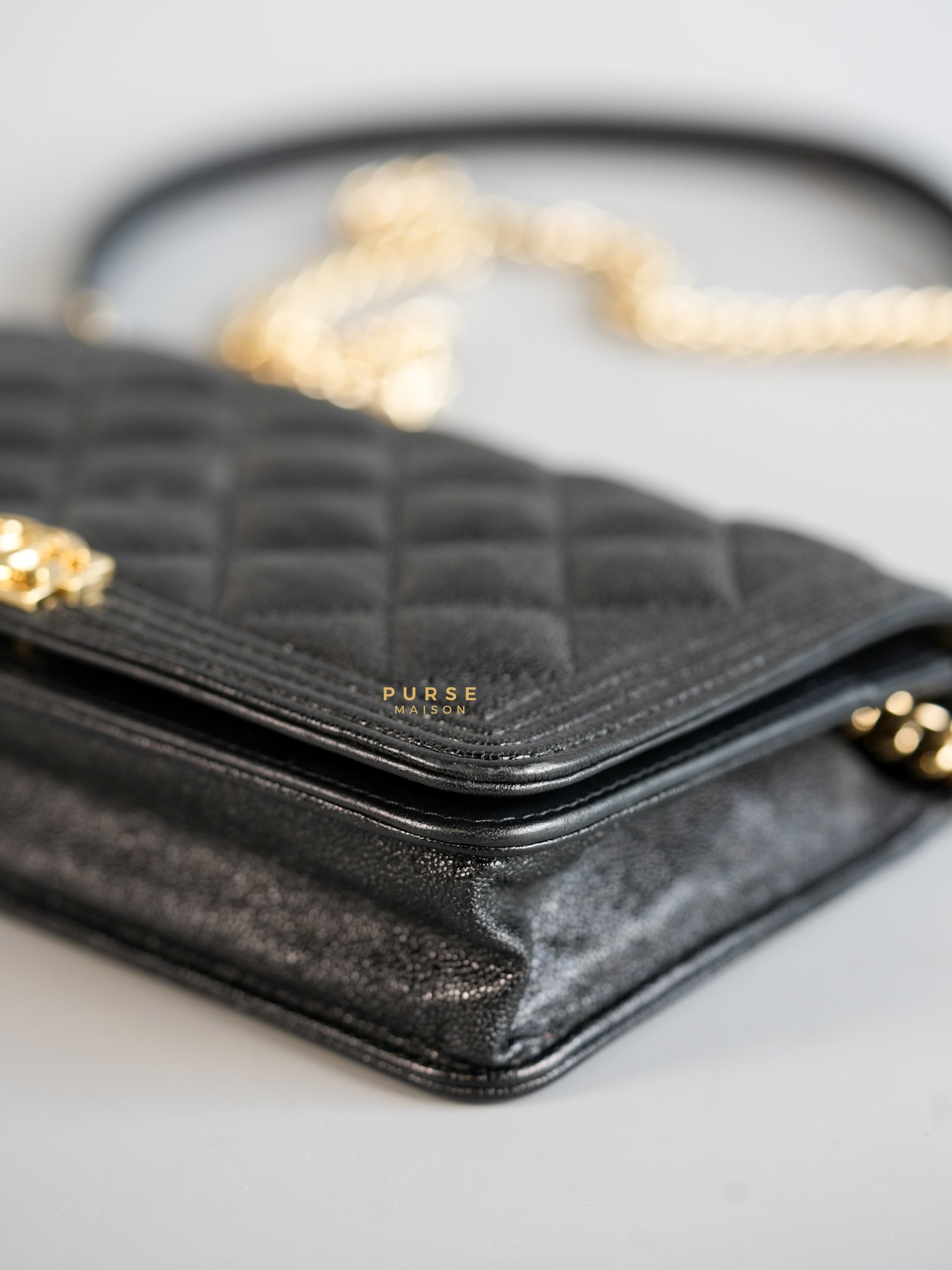 Boy Wallet on Chain (WOC) in Caviar Leather and Light Gold Hardware Series 28 | Purse Maison Luxury Bags Shop