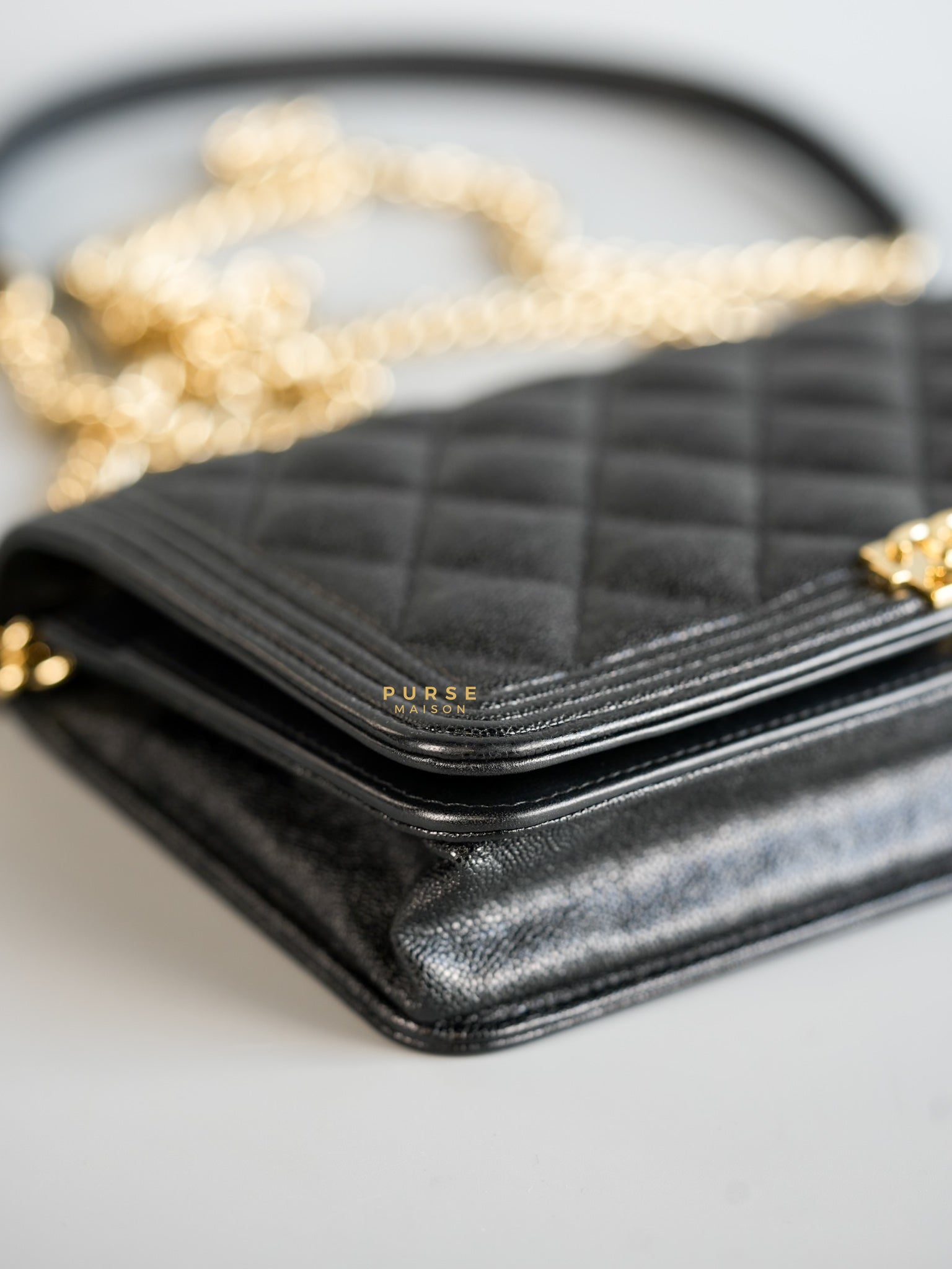 Boy Wallet on Chain (WOC) in Caviar Leather and Light Gold Hardware Series 28 | Purse Maison Luxury Bags Shop