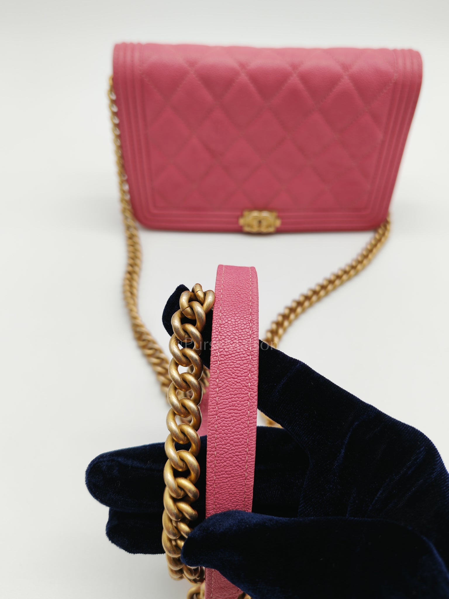 Boy Wallet On Chain (WOC) in Pink Calfskin Leather and Aged Gold Hardware Series 26 | Purse Maison Luxury Bags Shop