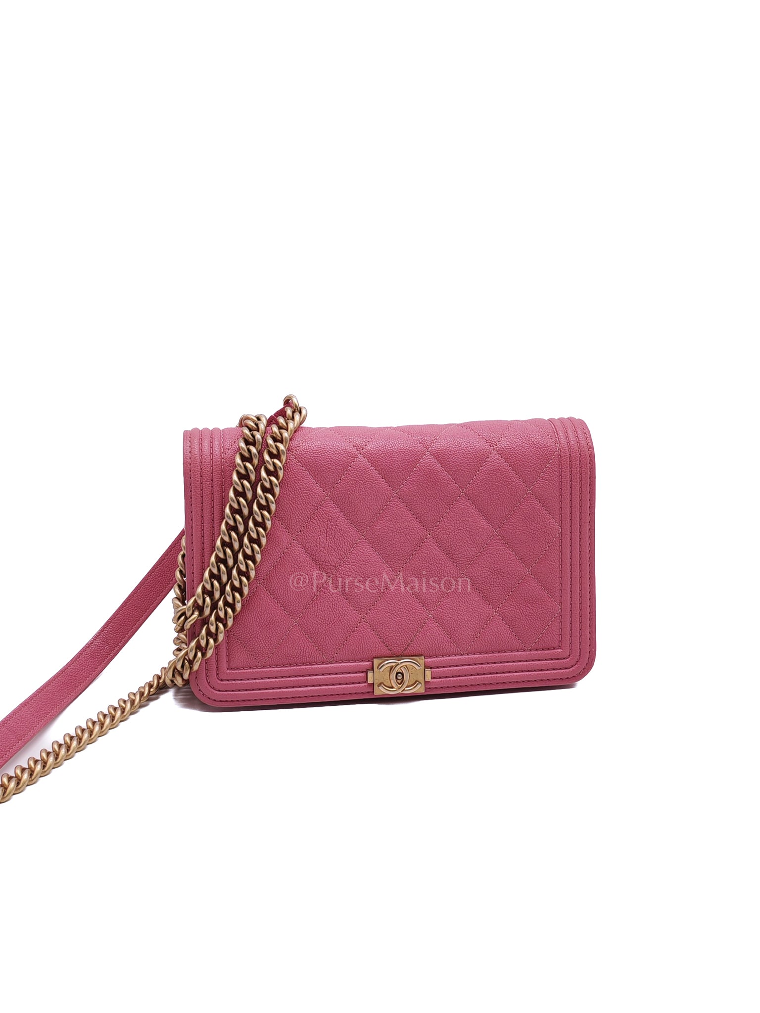 Boy Wallet On Chain (WOC) in Pink Calfskin Leather and Aged Gold Hardware Series 26 | Purse Maison Luxury Bags Shop