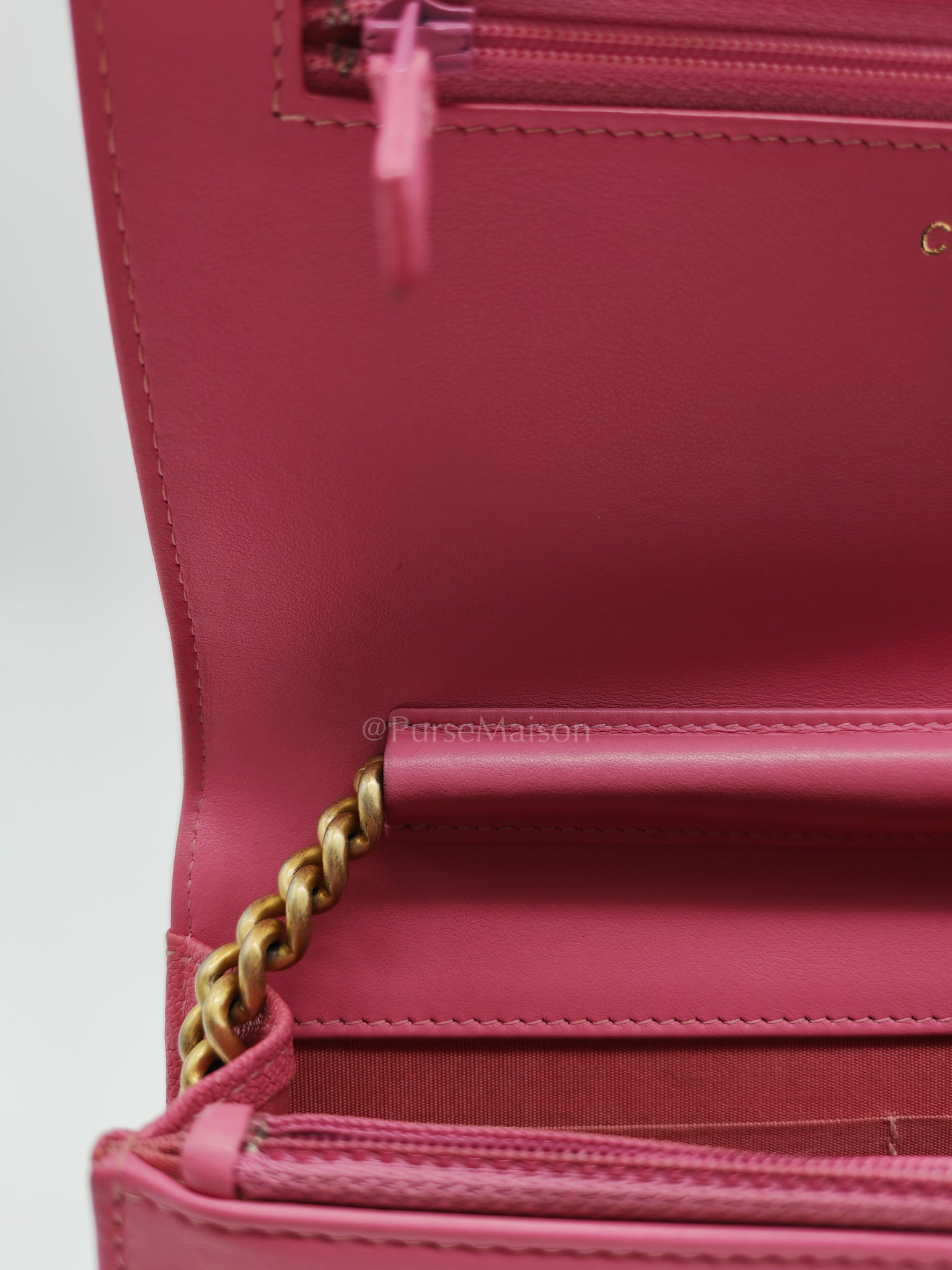 Boy Wallet On Chain (WOC) in Pink Calfskin Leather and Aged Gold Hardware Series 26 | Purse Maison Luxury Bags Shop