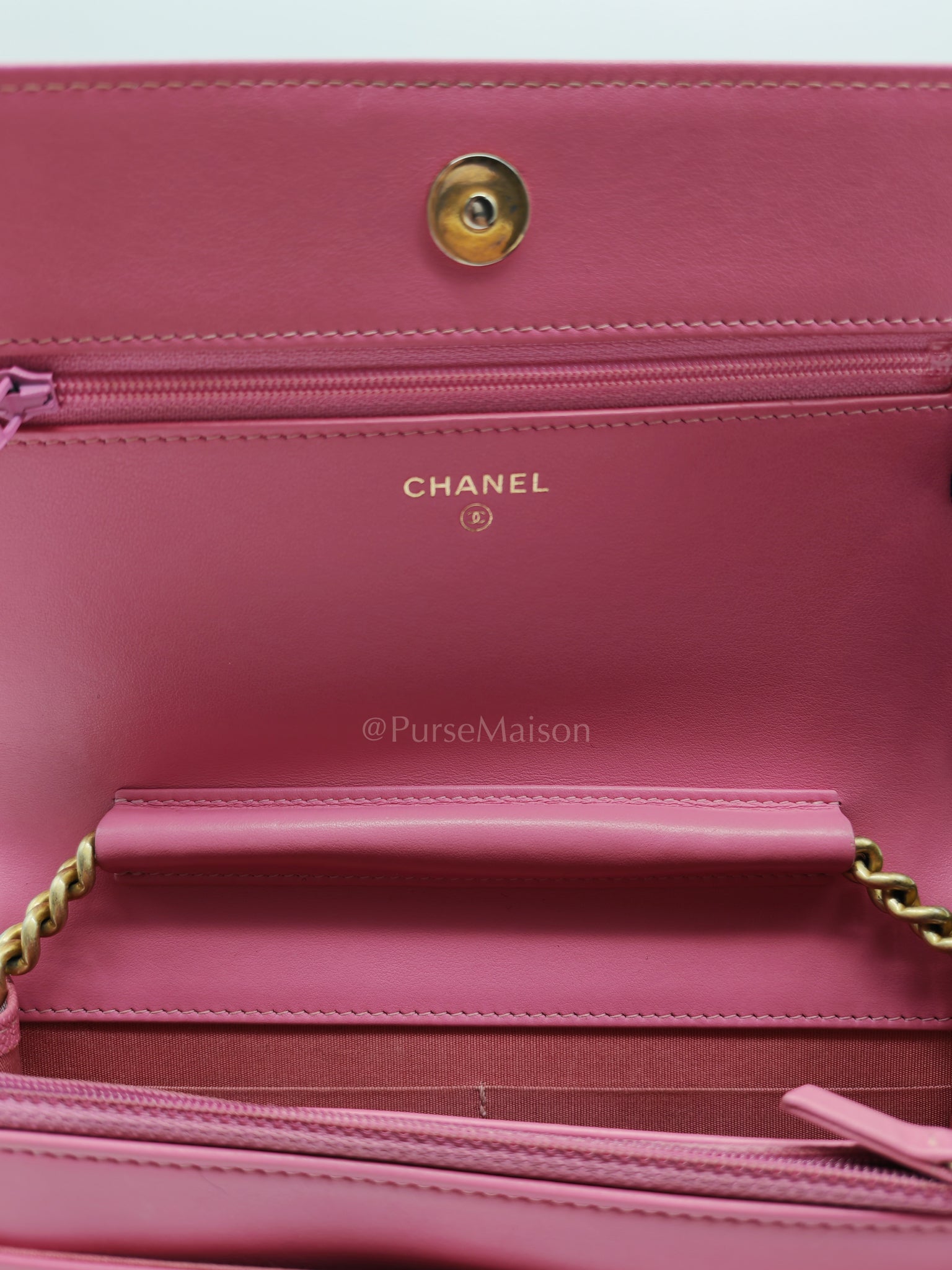 Boy Wallet On Chain (WOC) in Pink Calfskin Leather and Aged Gold Hardware Series 26 | Purse Maison Luxury Bags Shop