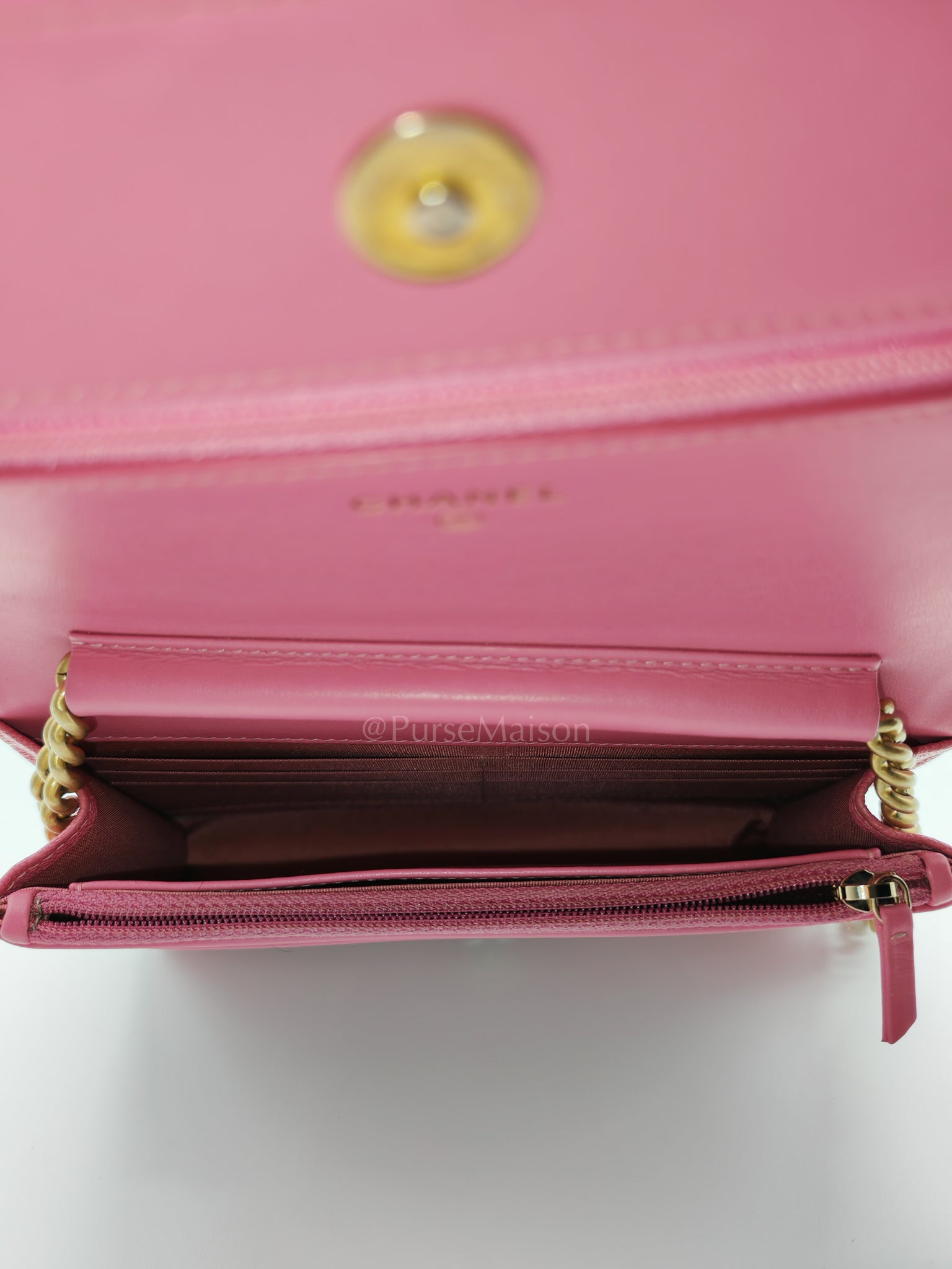 Boy Wallet On Chain (WOC) in Pink Calfskin Leather and Aged Gold Hardware Series 26 | Purse Maison Luxury Bags Shop