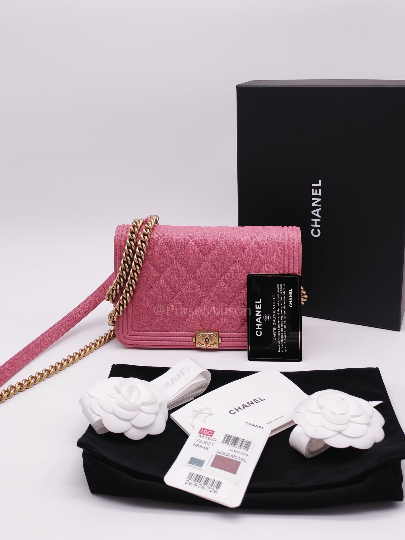 Boy Wallet On Chain (WOC) in Pink Calfskin Leather and Aged Gold Hardware Series 26 | Purse Maison Luxury Bags Shop
