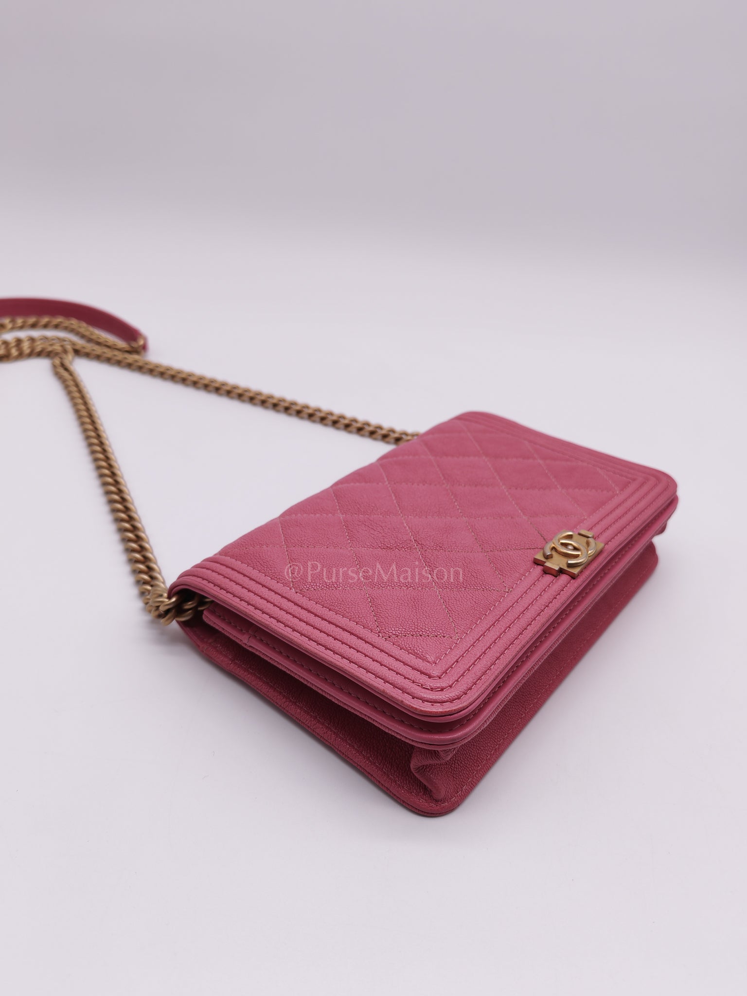 Boy Wallet On Chain (WOC) in Pink Calfskin Leather and Aged Gold Hardware Series 26 | Purse Maison Luxury Bags Shop