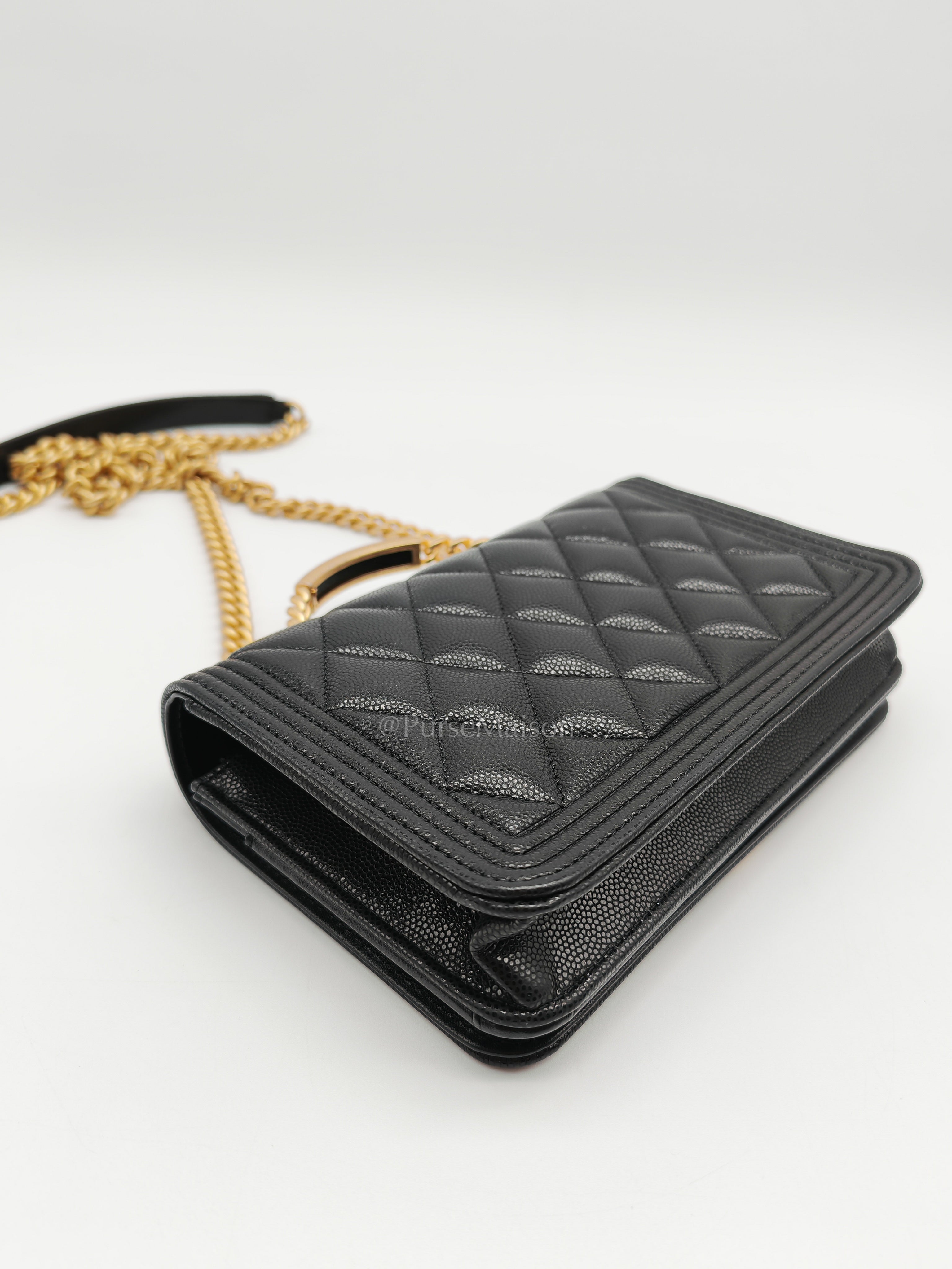 Boy Wallet On Chain (WOC) with Top Handle in Black Caviar Leather and Aged Gold Hardware (Microchip) | Purse Maison Luxury Bags Shop